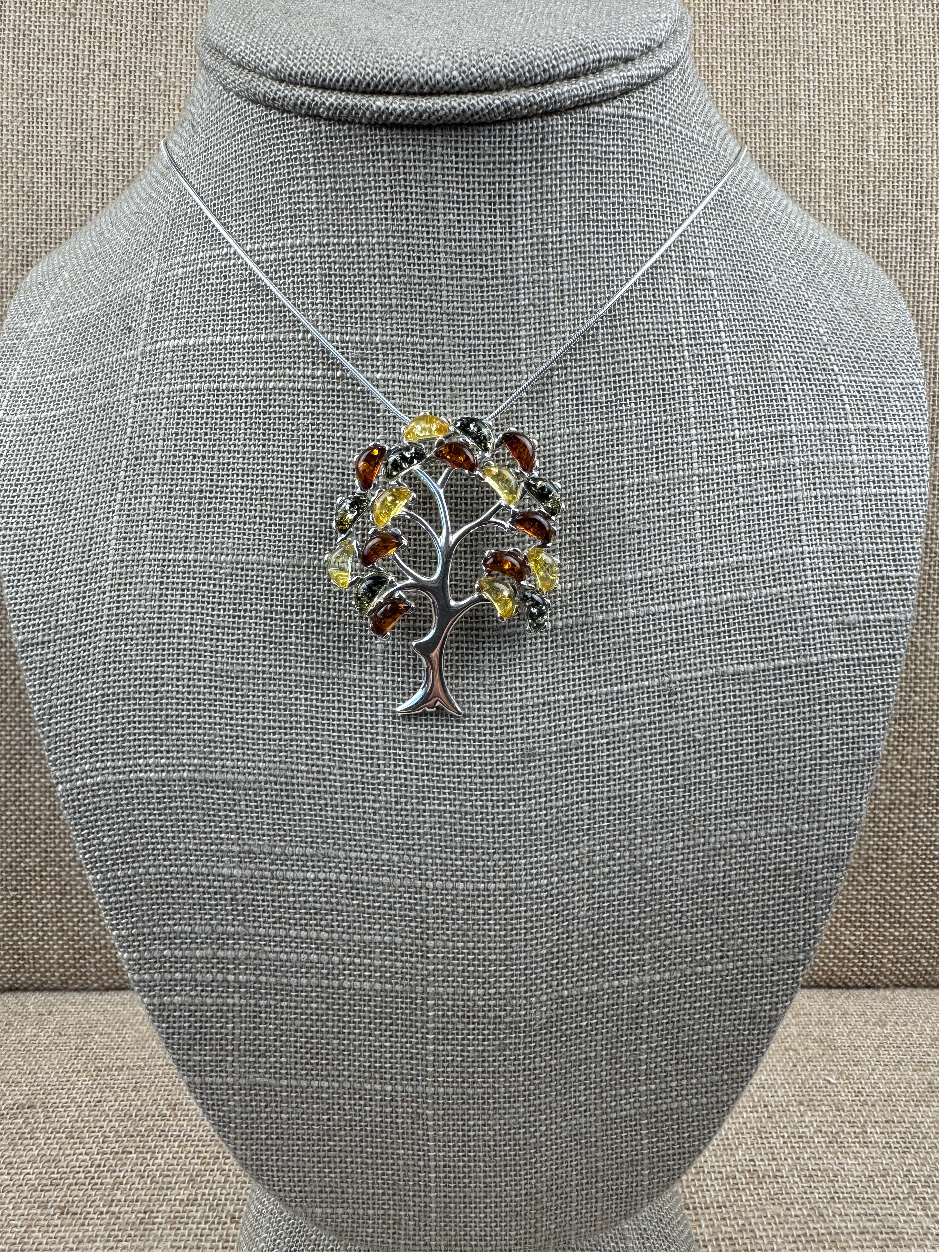 Sterling Silver Multicolor Baltic Amber Tree of Life Pendant