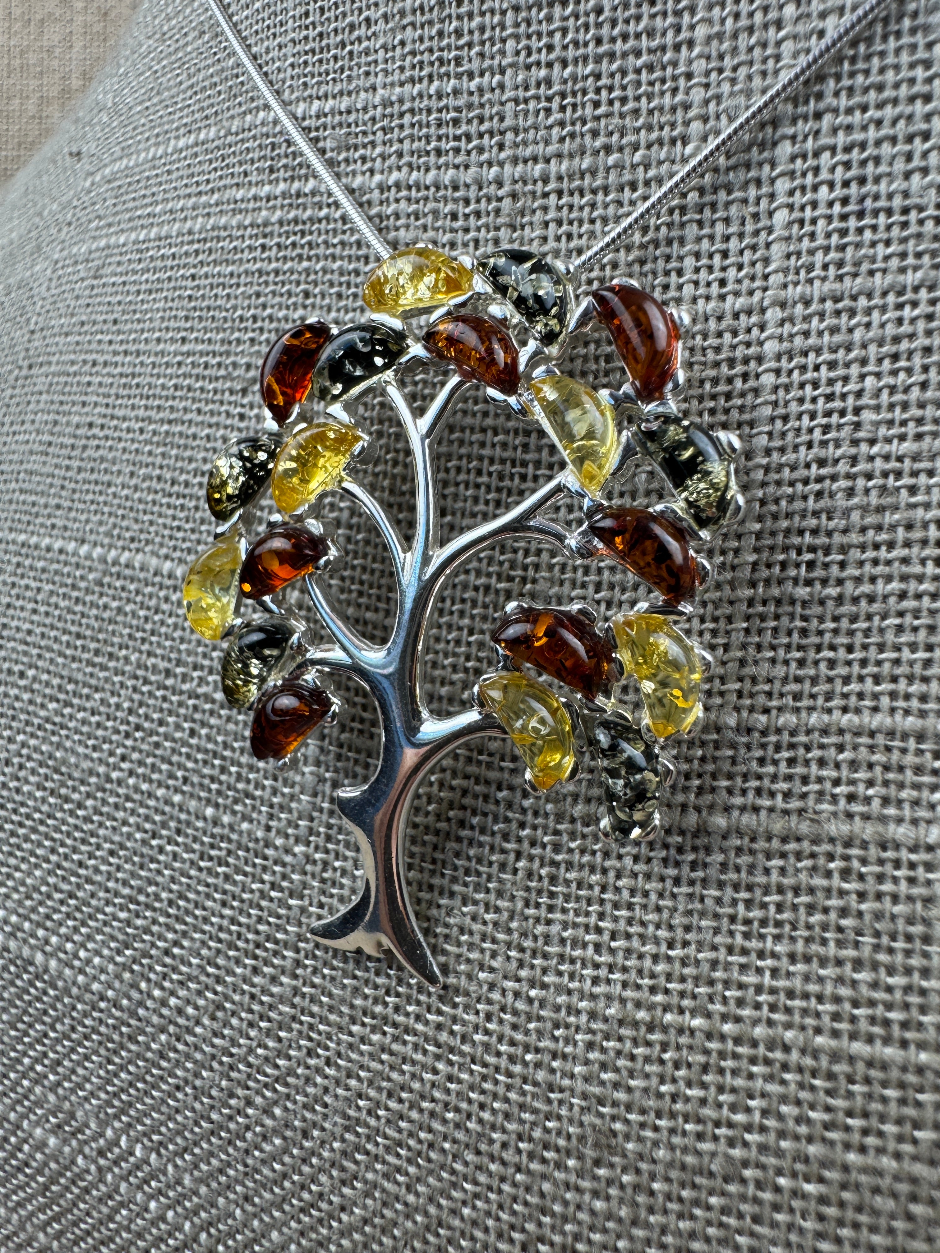 Sterling Silver Multicolor Baltic Amber Tree of Life Pendant