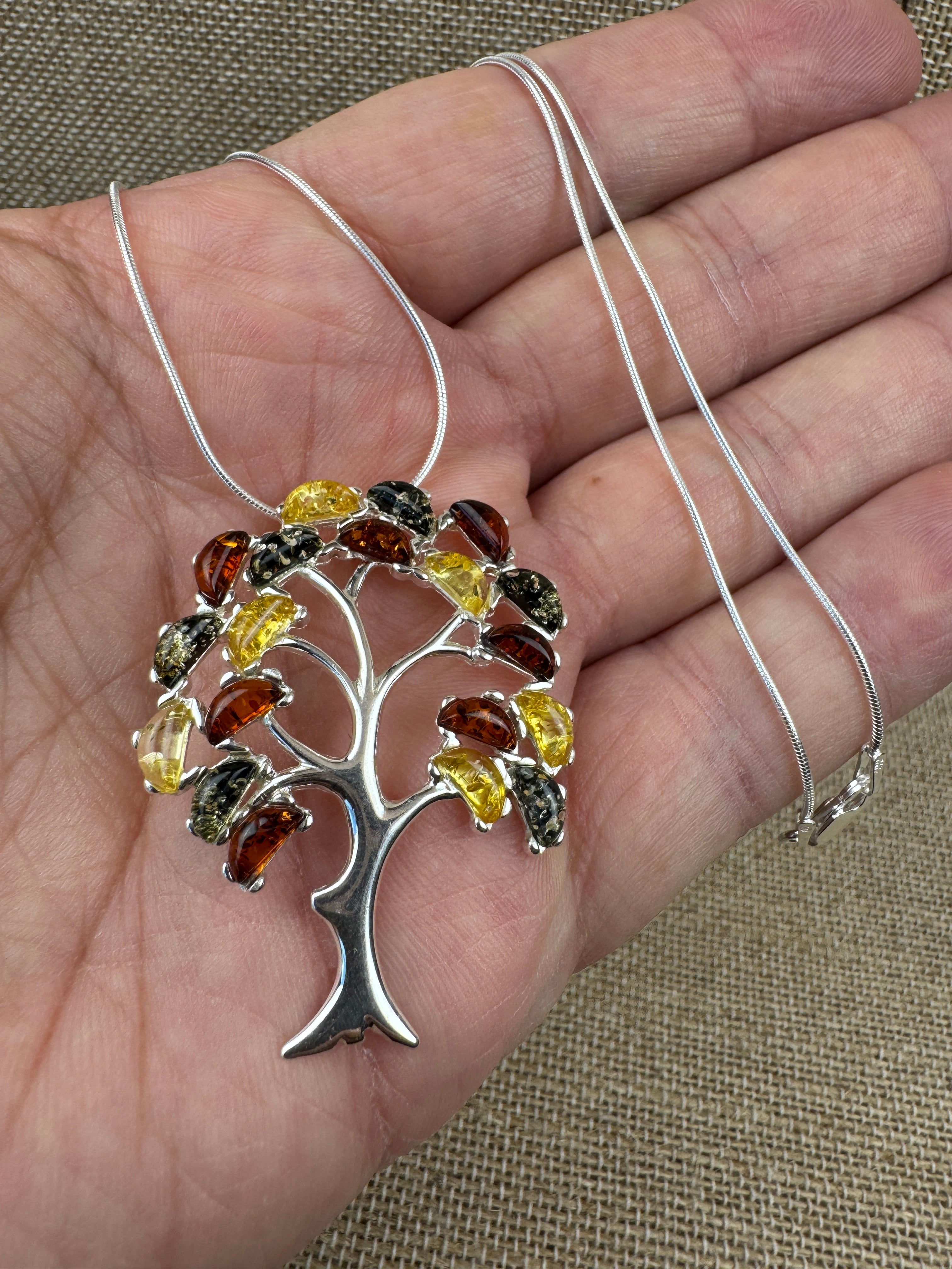 Sterling Silver Multicolor Baltic Amber Tree of Life Pendant