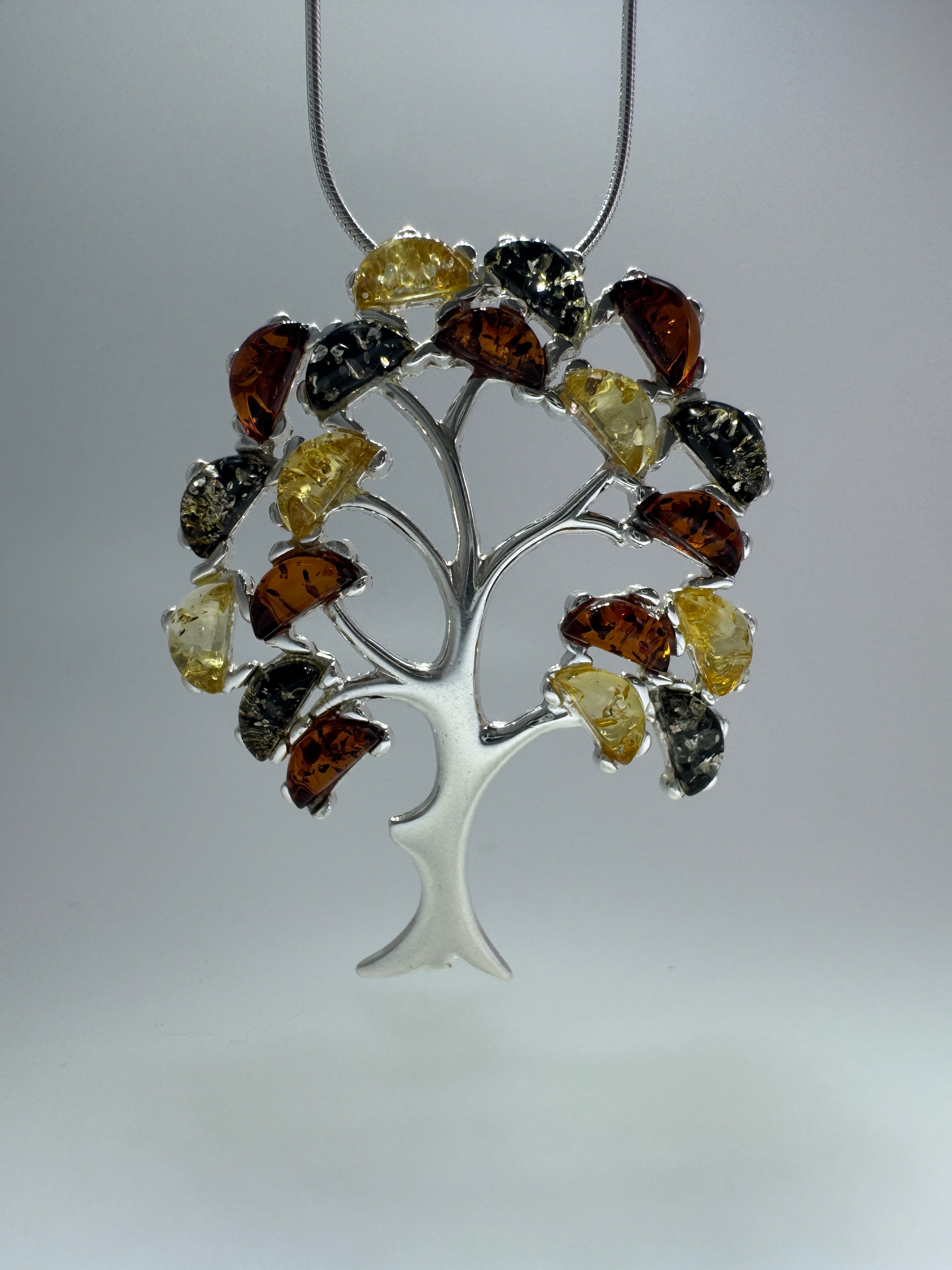 Sterling Silver Multicolor Baltic Amber Tree of Life Pendant