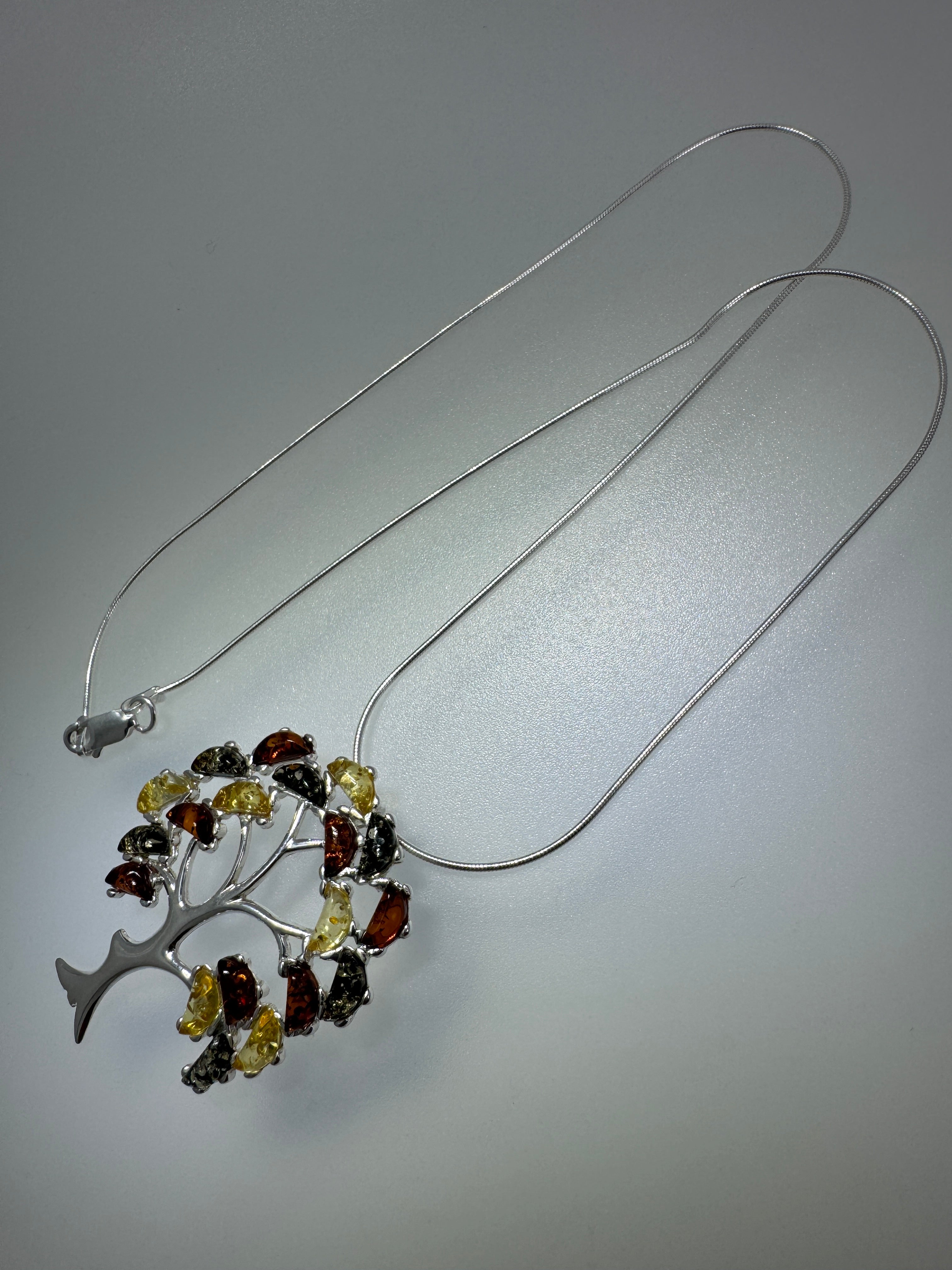 Sterling Silver Multicolor Baltic Amber Tree of Life Pendant