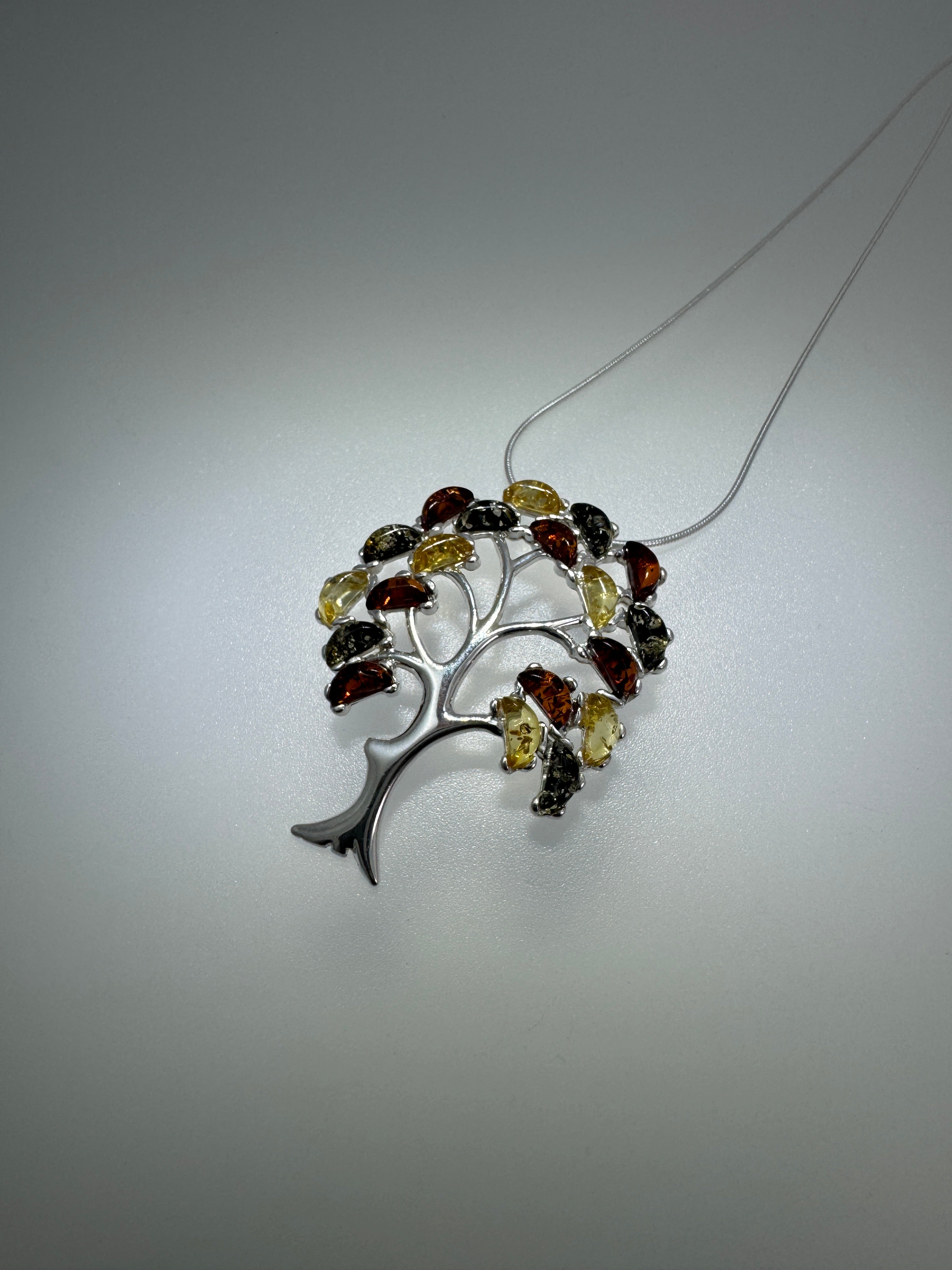 Sterling Silver Multicolor Baltic Amber Tree of Life Pendant