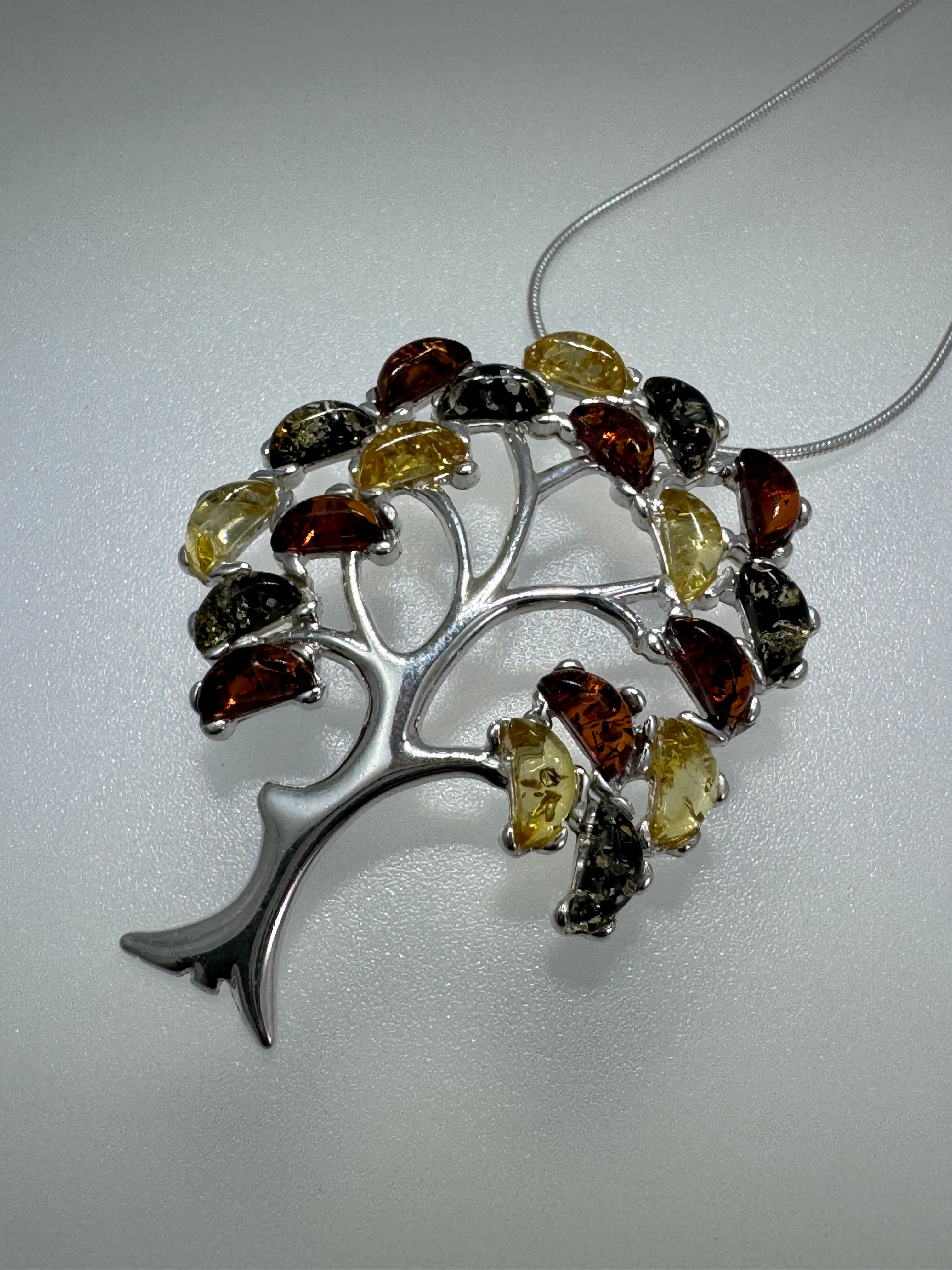 Sterling Silver Multicolor Baltic Amber Tree of Life Pendant