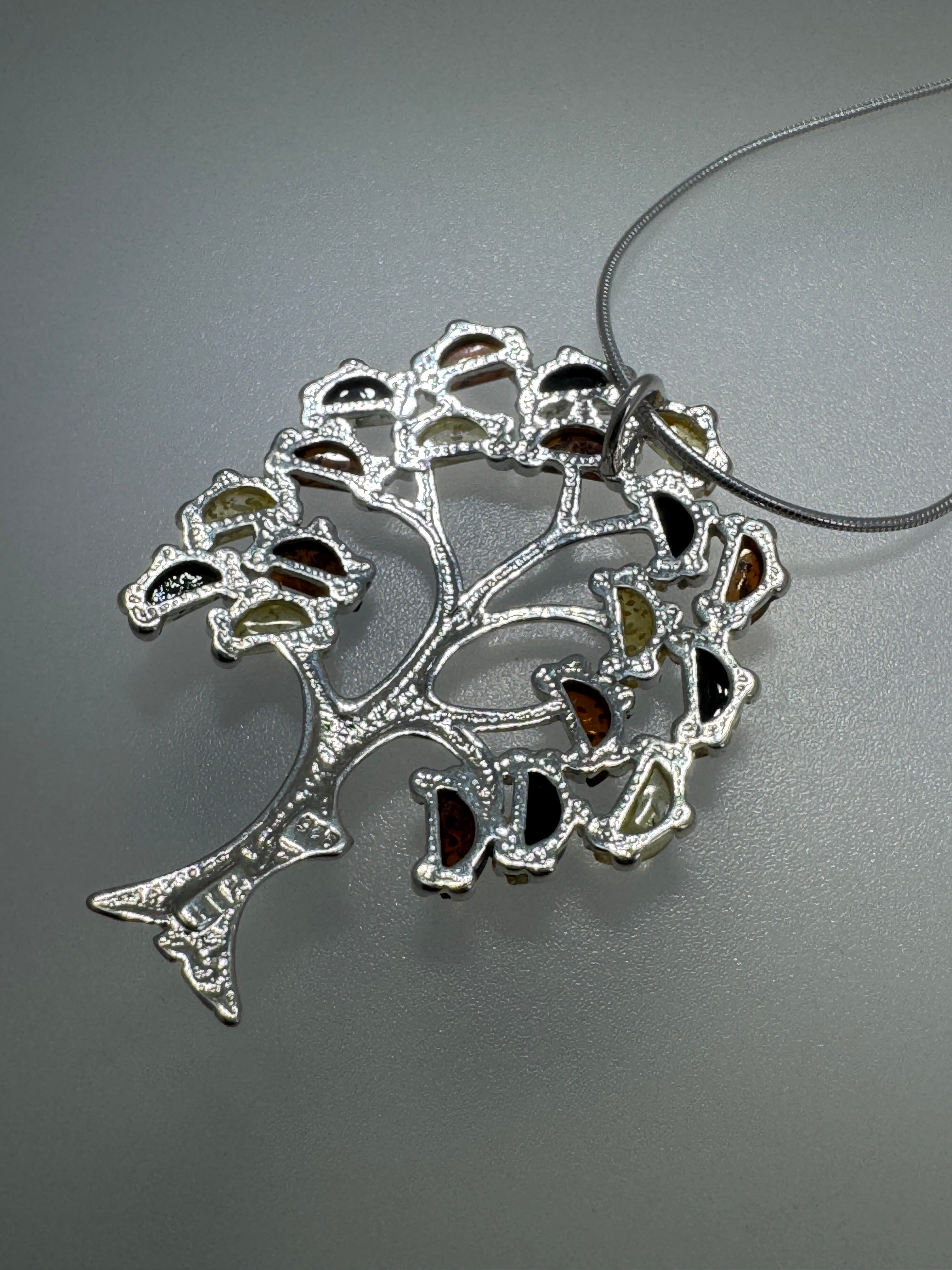 Sterling Silver Multicolor Baltic Amber Tree of Life Pendant