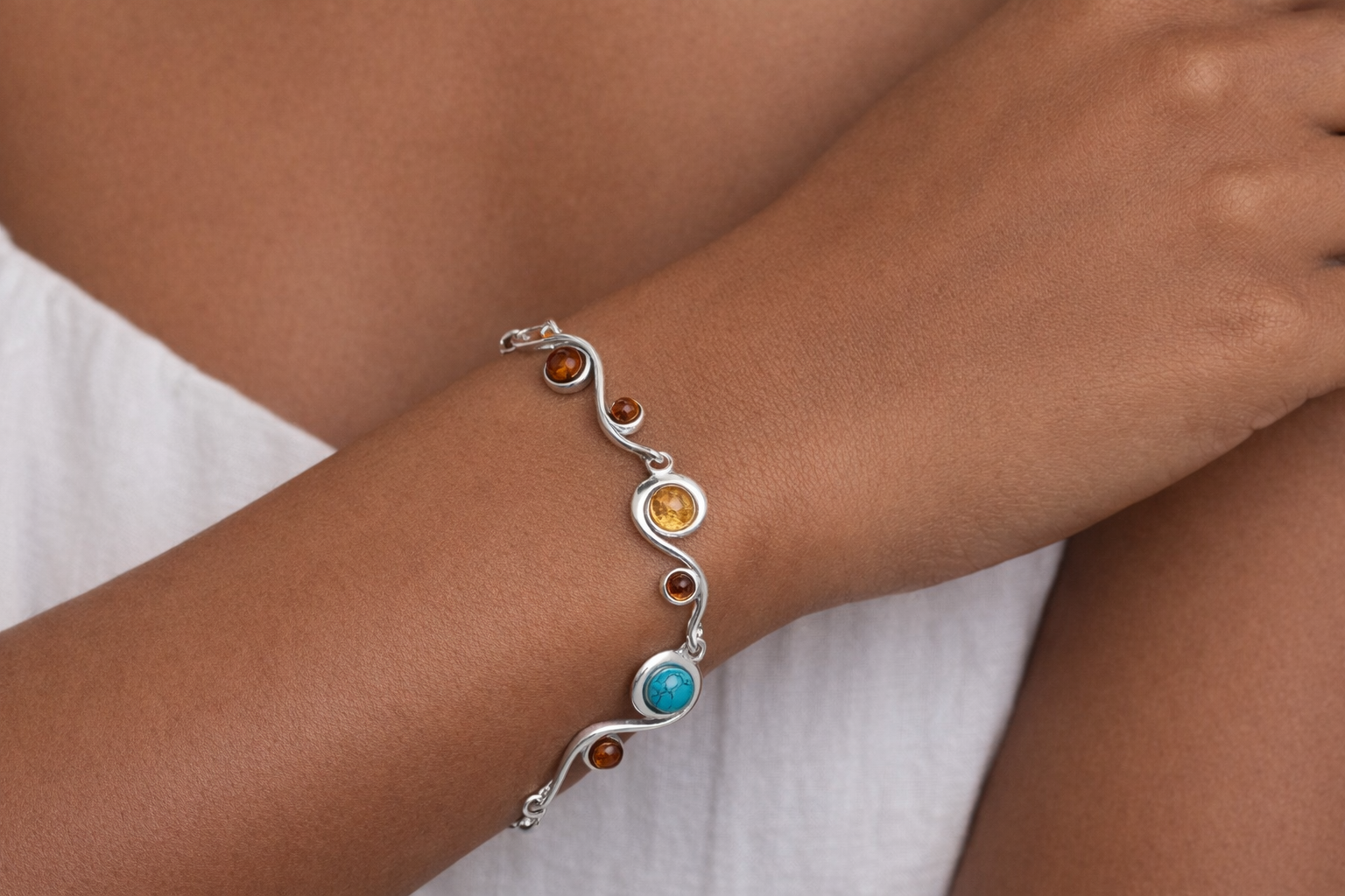 Sterling Silver Multicolor Baltic Amber and Turquoise Link Bracelet – Cognac, Lemon & Green with extension chain