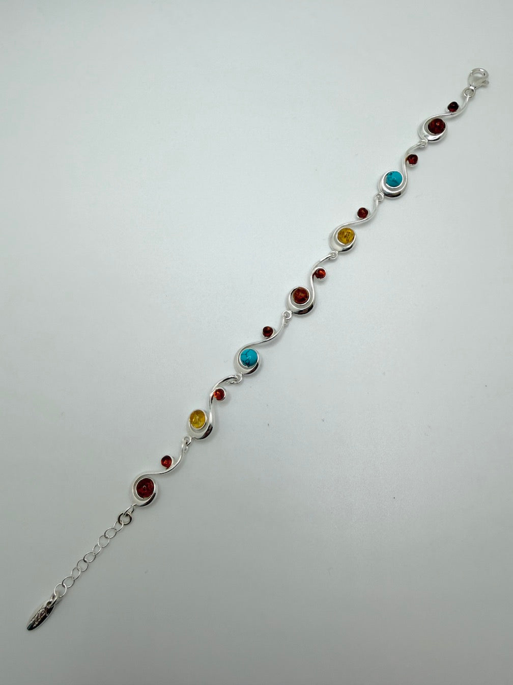 Sterling Silver Multicolor Baltic Amber and Turquoise Link Bracelet – Cognac, Lemon & Green with extension chain