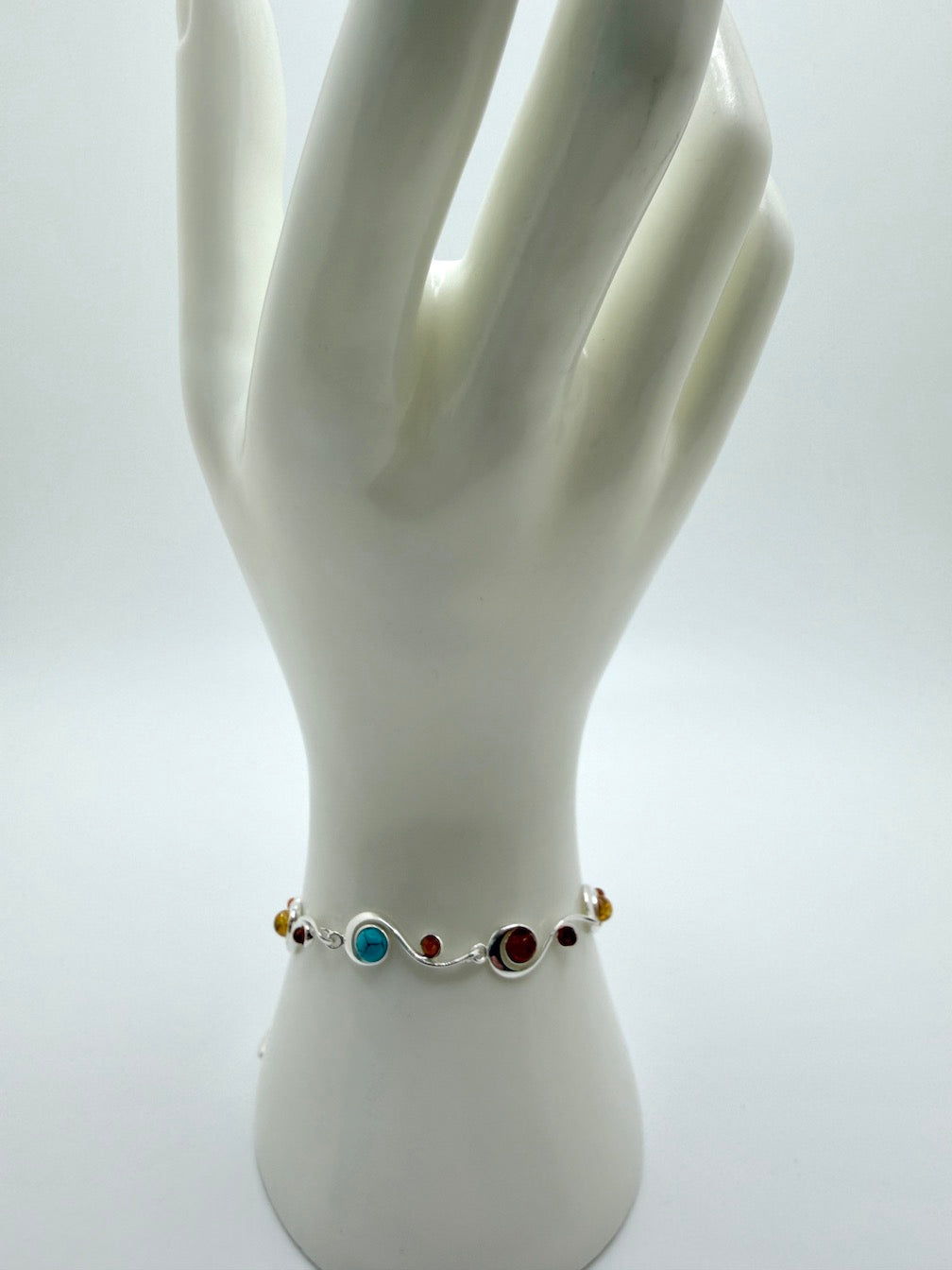 Sterling Silver Multicolor Baltic Amber and Turquoise Link Bracelet – Cognac, Lemon & Green with extension chain