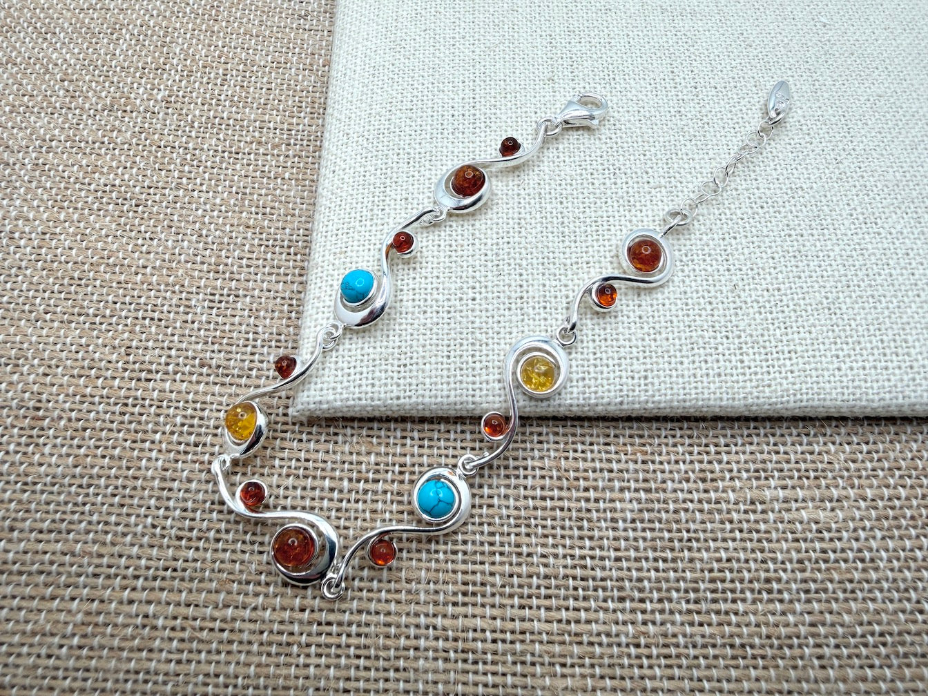 Sterling Silver Multicolor Baltic Amber and Turquoise Link Bracelet – Cognac, Lemon & Green with extension chain