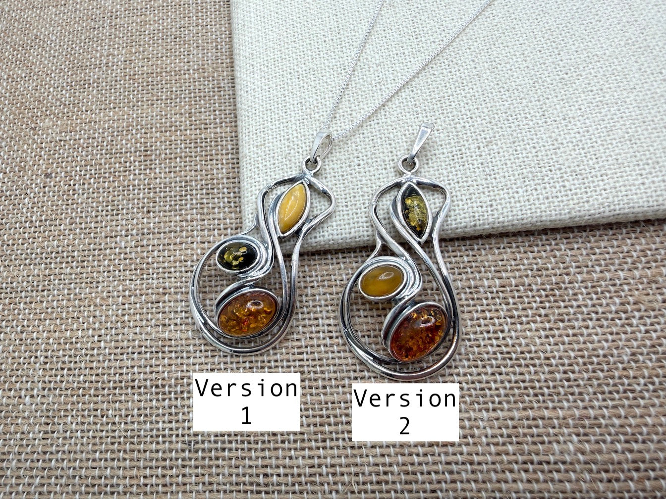 Sterling Silver Organic Swirl Baltic Amber Pendant – Honey, Green & Butterscotch Amber Necklace on Box Chain