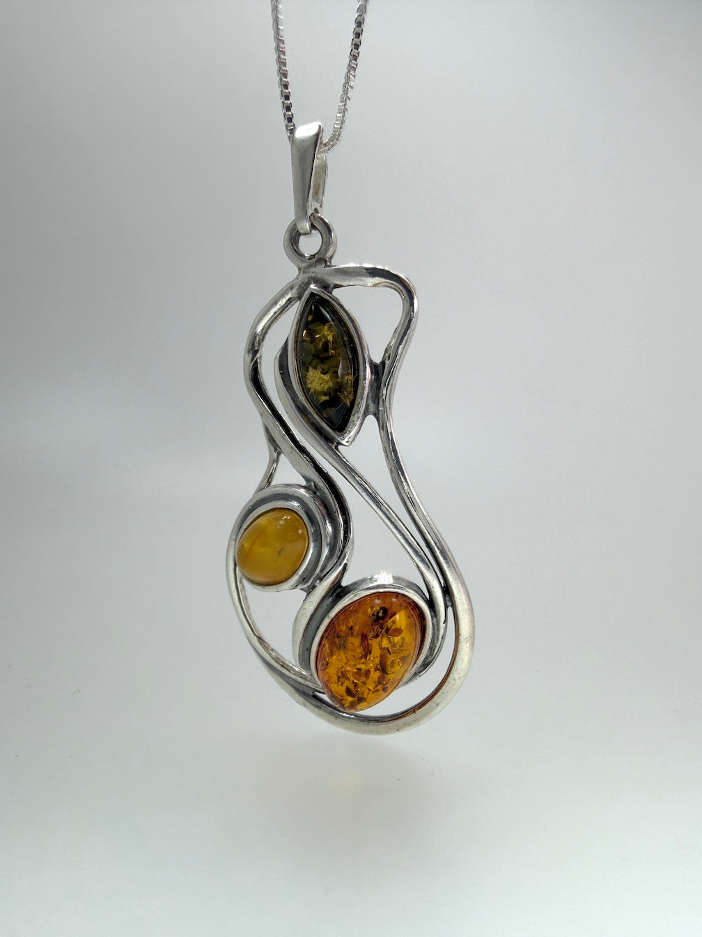 Sterling Silver Organic Swirl Baltic Amber Pendant – Honey, Green & Butterscotch Amber Necklace on Box Chain