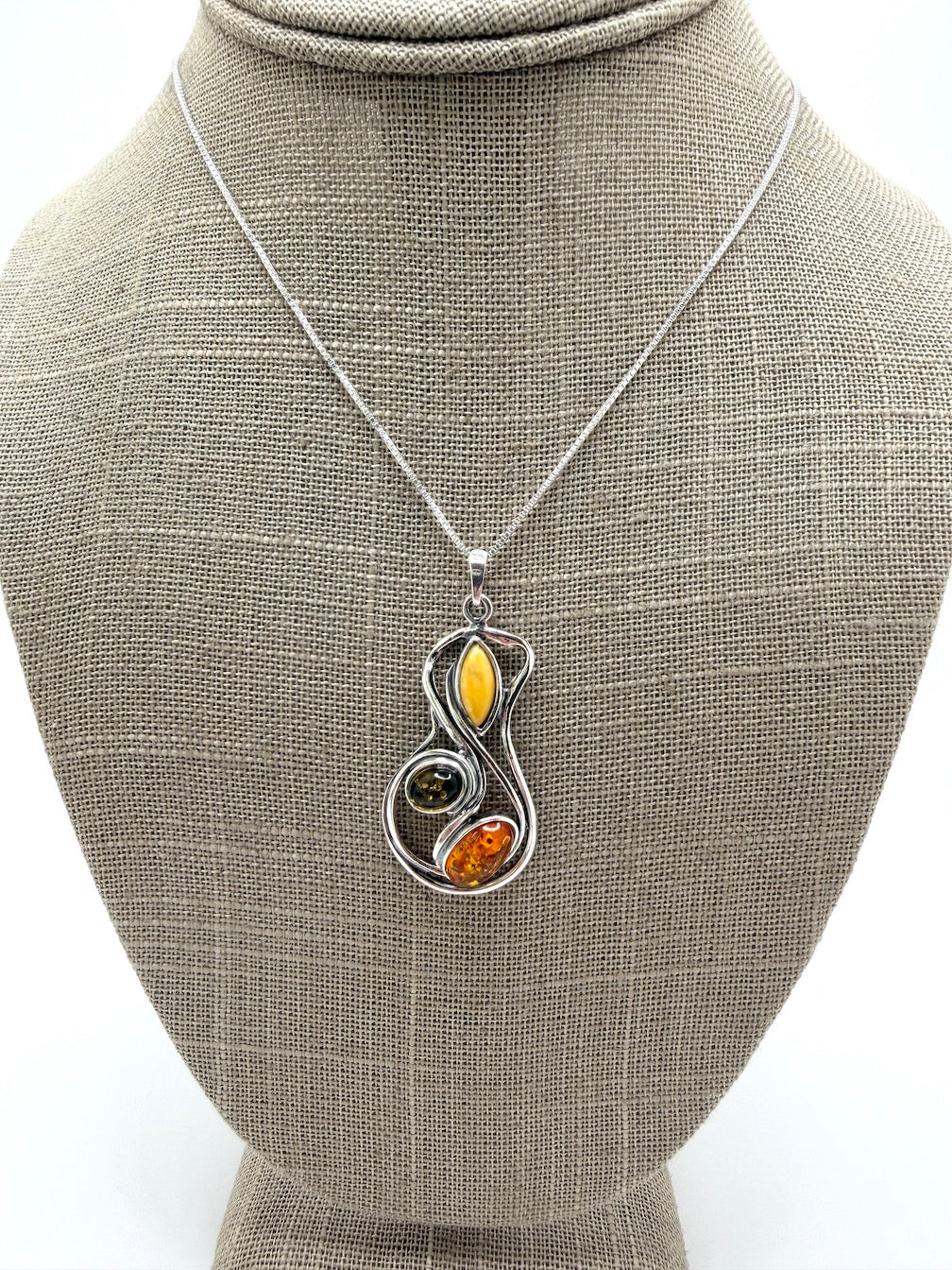 Sterling Silver Organic Swirl Baltic Amber Pendant – Honey, Green & Butterscotch Amber Necklace on Box Chain