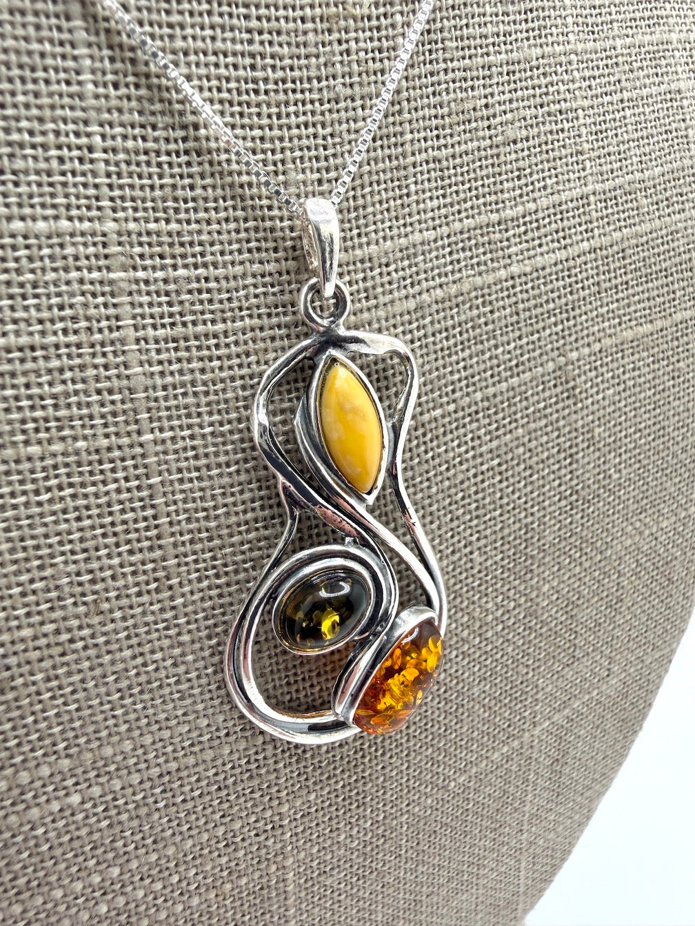 Sterling Silver Organic Swirl Baltic Amber Pendant – Honey, Green & Butterscotch Amber Necklace on Box Chain