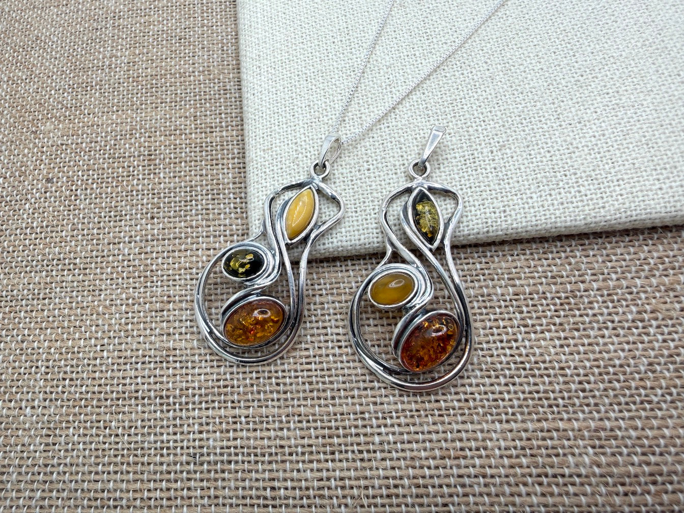 Sterling Silver Organic Swirl Baltic Amber Pendant – Honey, Green & Butterscotch Amber Necklace on Box Chain