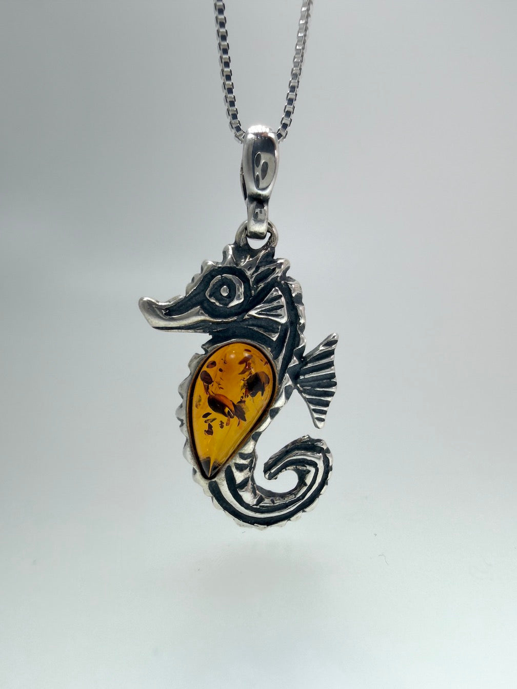 Sterling Silver Seahorse Baltic Amber Pendant – Honey Amber Sea Horse Necklace on Box Chain