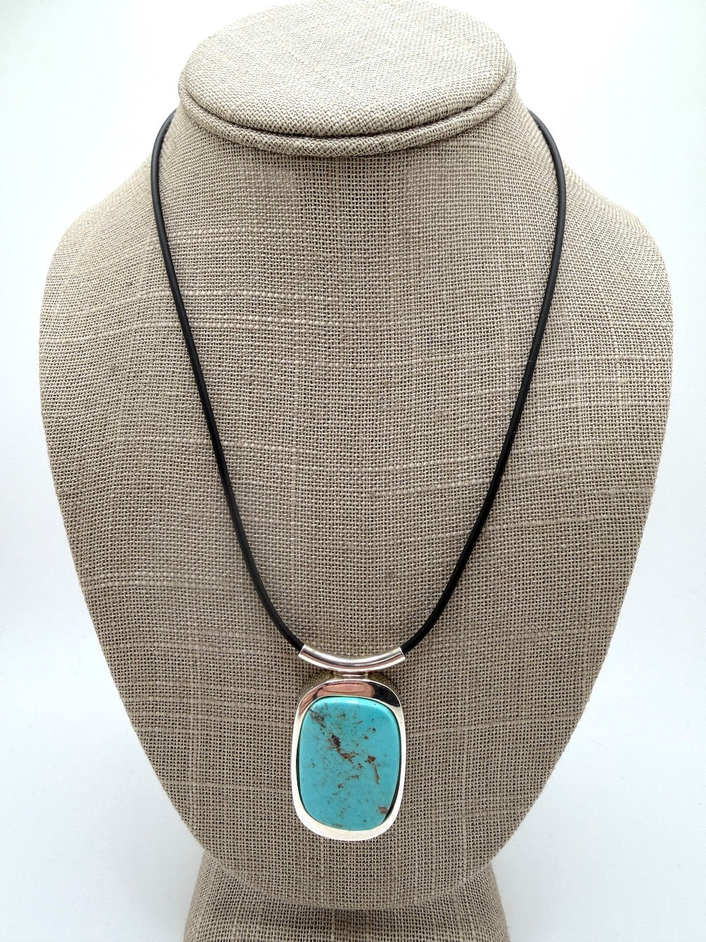 Sterling Silver Sleeping Beauty Turquoise Pendant Necklace – Handmade in Poland – Black Silicone Cord