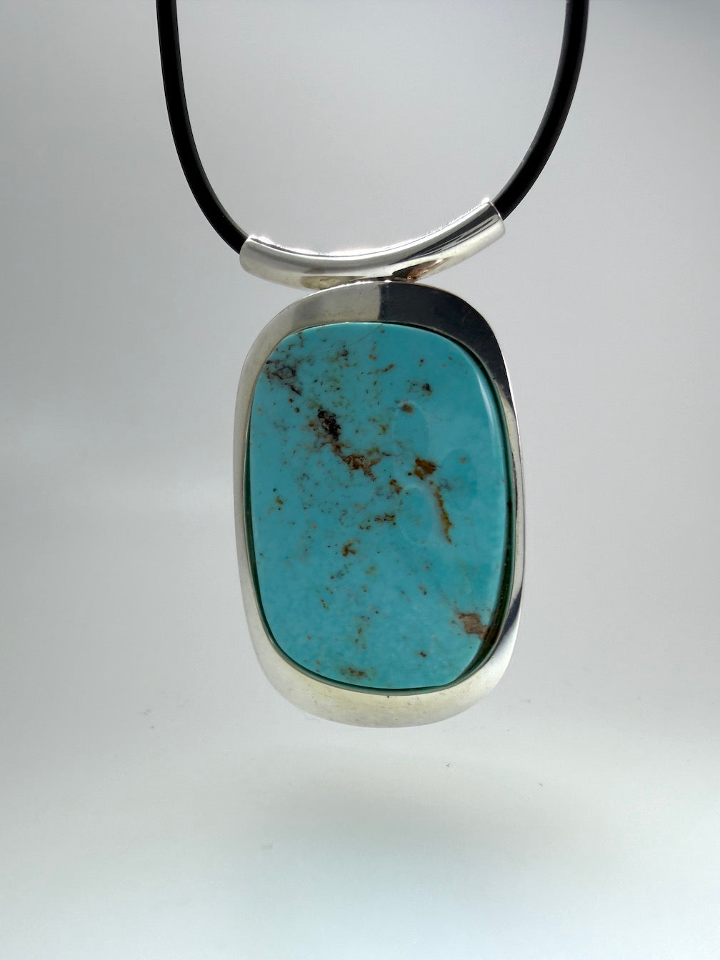 Sterling Silver Sleeping Beauty Turquoise Pendant Necklace – Handmade in Poland – Black Silicone Cord