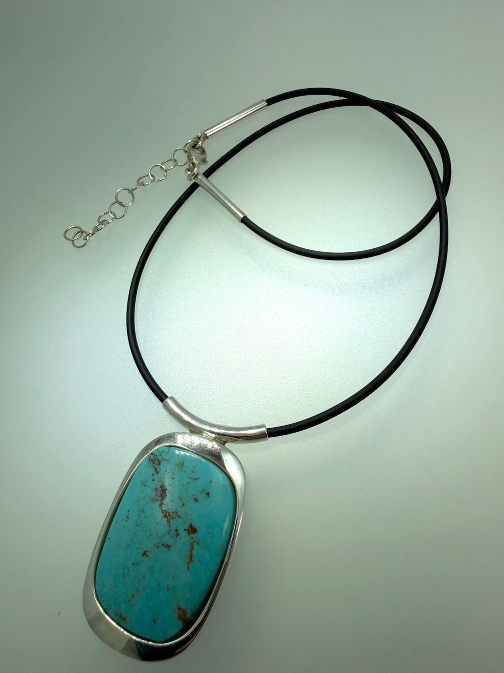 Sterling Silver Sleeping Beauty Turquoise Pendant Necklace – Handmade in Poland – Black Silicone Cord