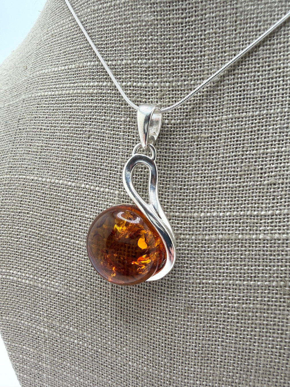 Sterling Silver Swirl Honey Baltic Amber Pendant Necklace – Genuine Baltic Amber Jewelry
