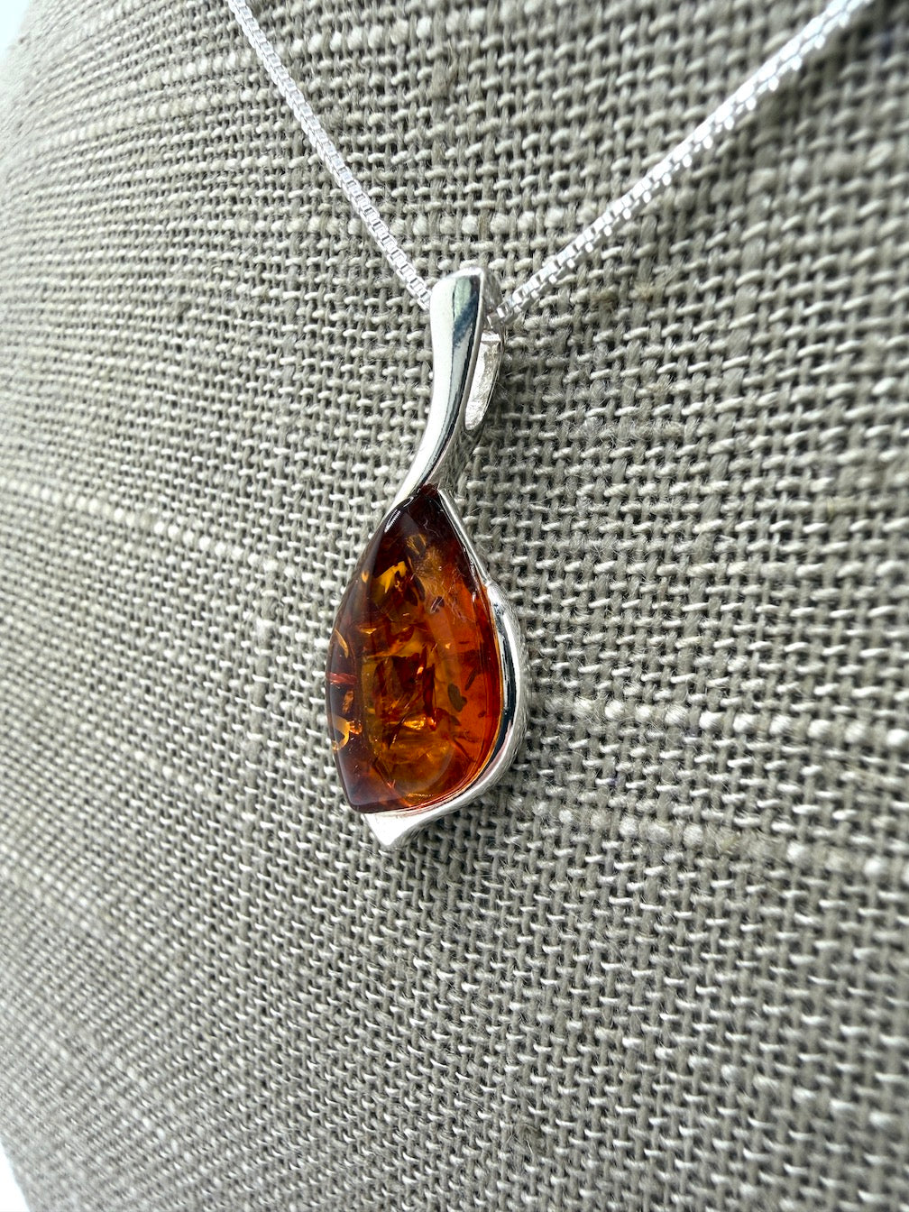 Sterling Silver Teardrop Baltic Amber Pendant – Honey Cognac Amber Necklace on Box Chain
