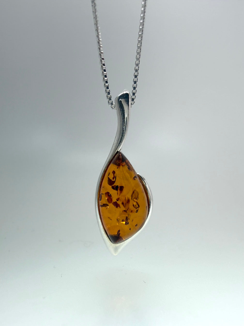 Sterling Silver Teardrop Baltic Amber Pendant – Honey Cognac Amber Necklace on Box Chain
