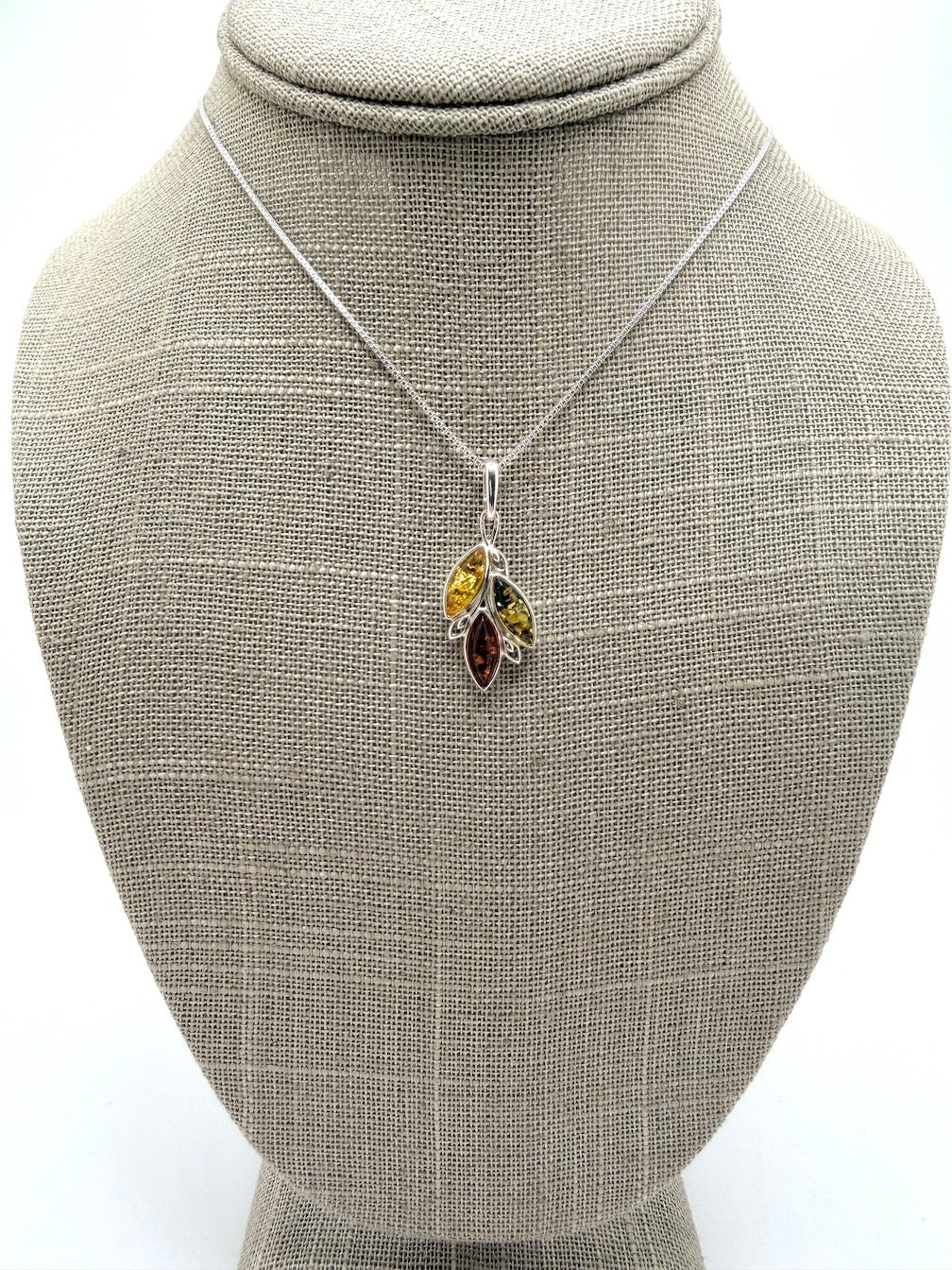 Sterling Silver Three-Stone Baltic Amber Pendant – Handmade in Poland – Marquise Amber Necklace