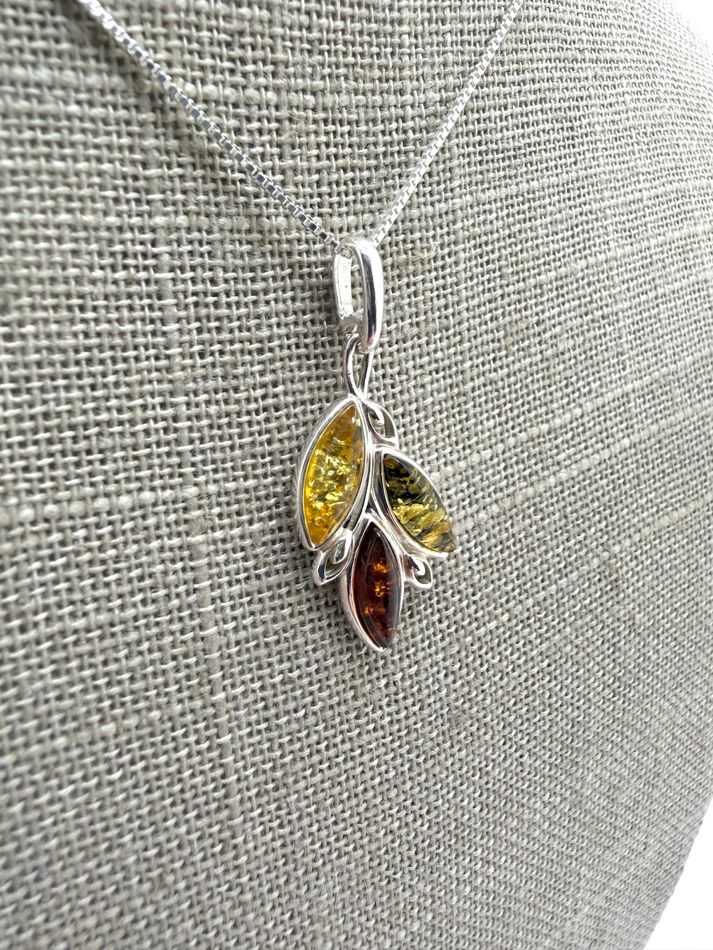 Sterling Silver Three-Stone Baltic Amber Pendant – Handmade in Poland – Marquise Amber Necklace