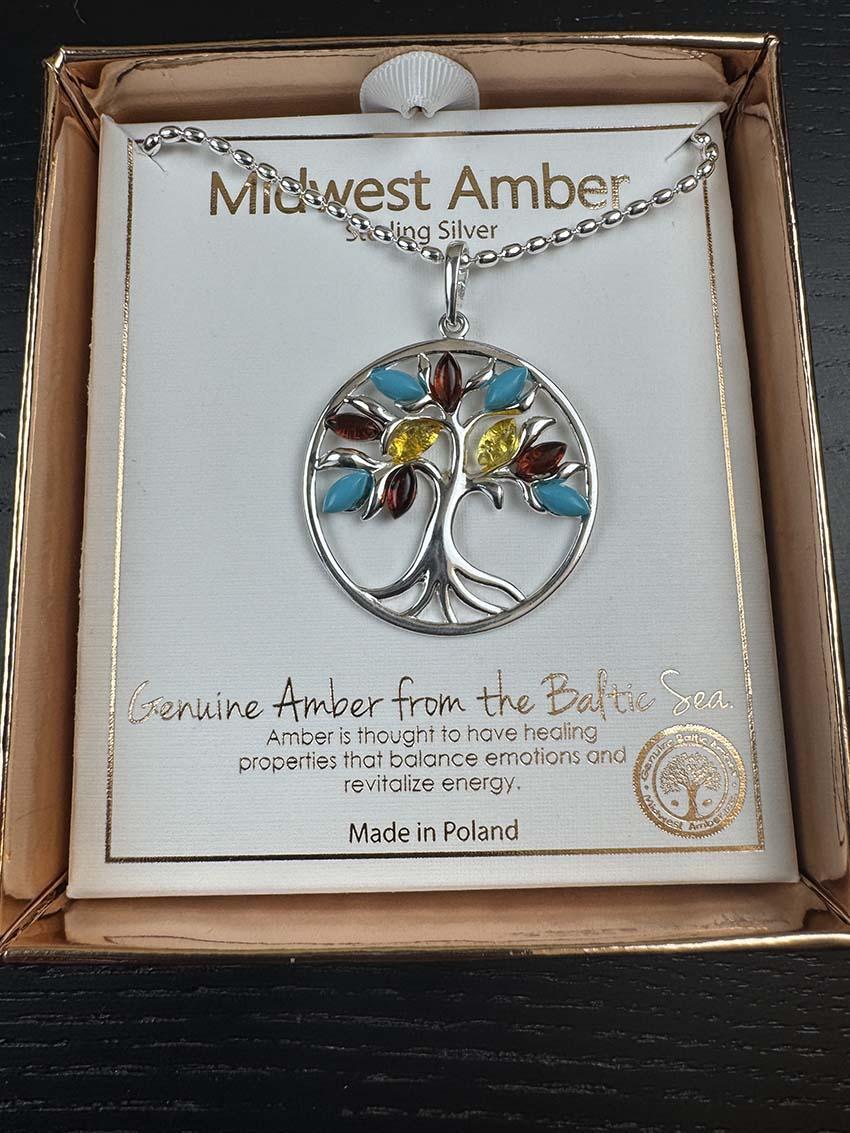 Sterling Silver Tree of Life Pendant - Cognac & Lemon Baltic Amber with Turquoise - Choice of Chain