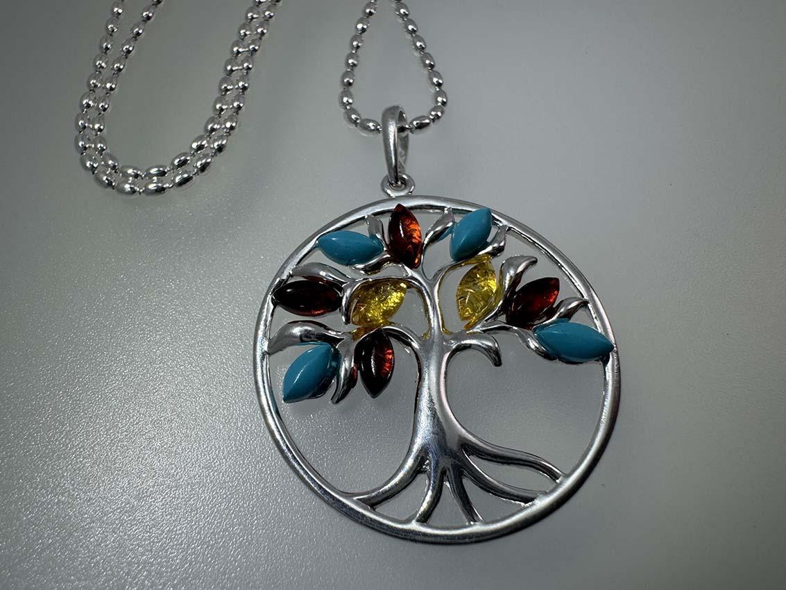 Sterling Silver Tree of Life Pendant - Cognac & Lemon Baltic Amber with Turquoise - Choice of Chain