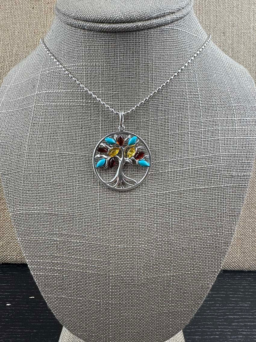 Sterling Silver Tree of Life Pendant - Cognac & Lemon Baltic Amber with Turquoise - Choice of Chain