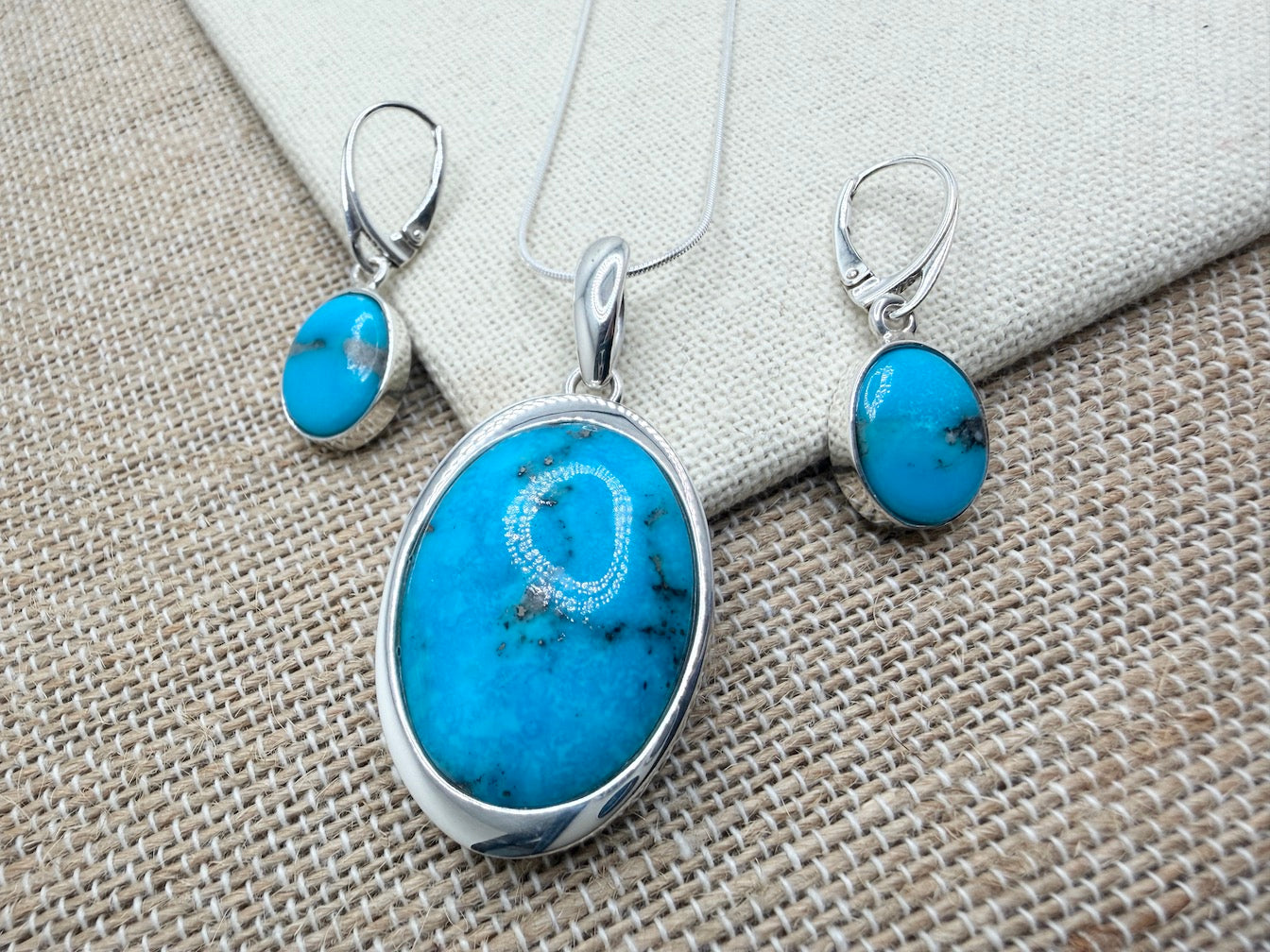 Sterling Silver & Genuine American Sleeping Beauty Turquoise Pendant and Earrings Set | Handmade in Poland