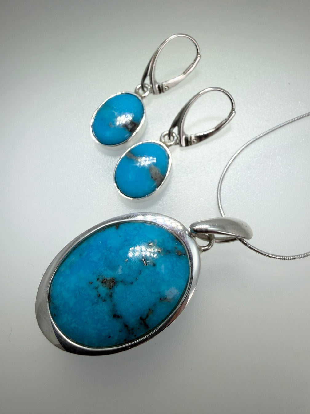 Sterling Silver & Genuine American Sleeping Beauty Turquoise Pendant and Earrings Set | Handmade in Poland