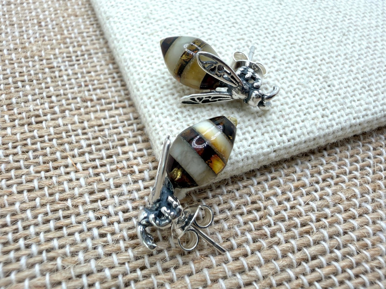 Sterling Silver & Genuine Baltic Amber Bumblebee Stud Earrings