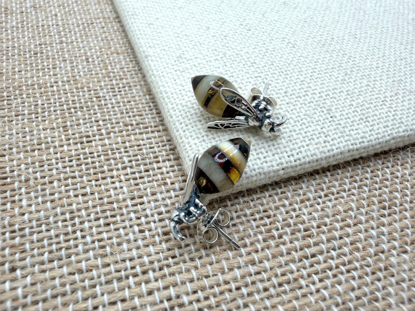 Sterling Silver & Genuine Baltic Amber Bumblebee Stud Earrings