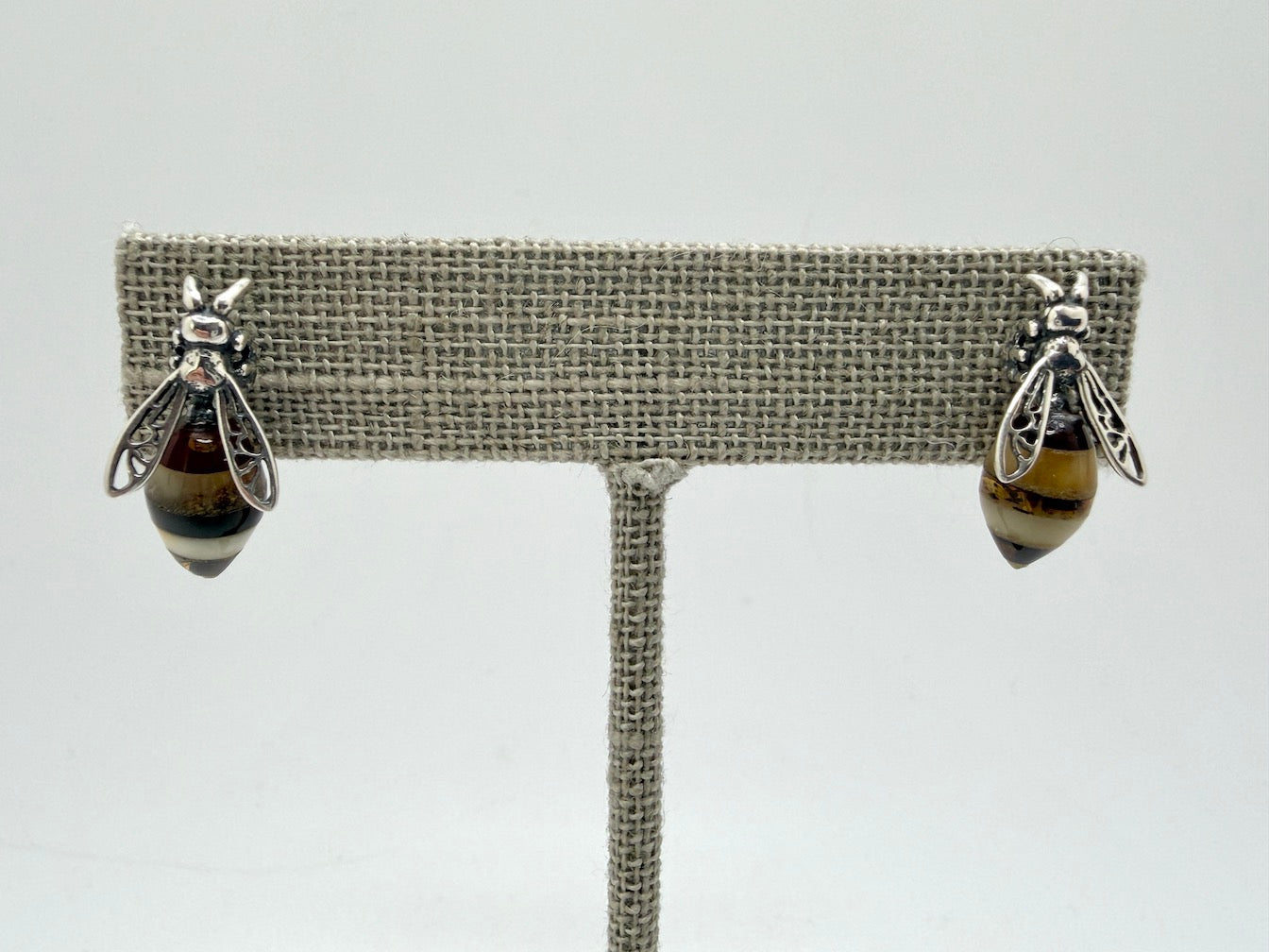Sterling Silver & Genuine Baltic Amber Bumblebee Stud Earrings