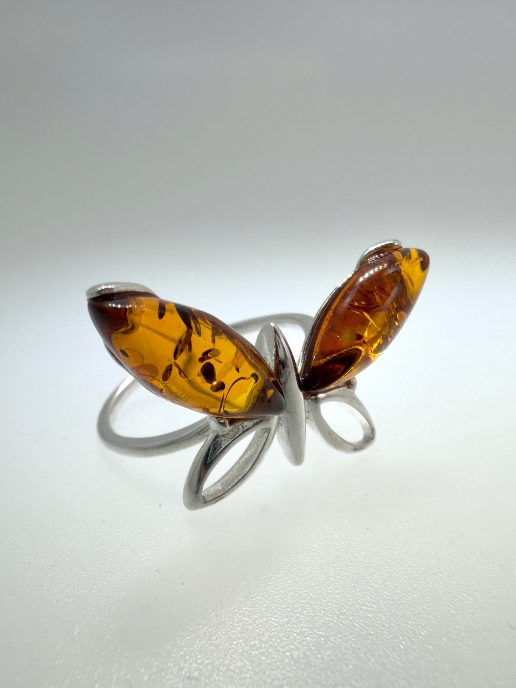 Sterling Silver & Genuine Baltic Amber Butterfly Ring – Handmade in Poland