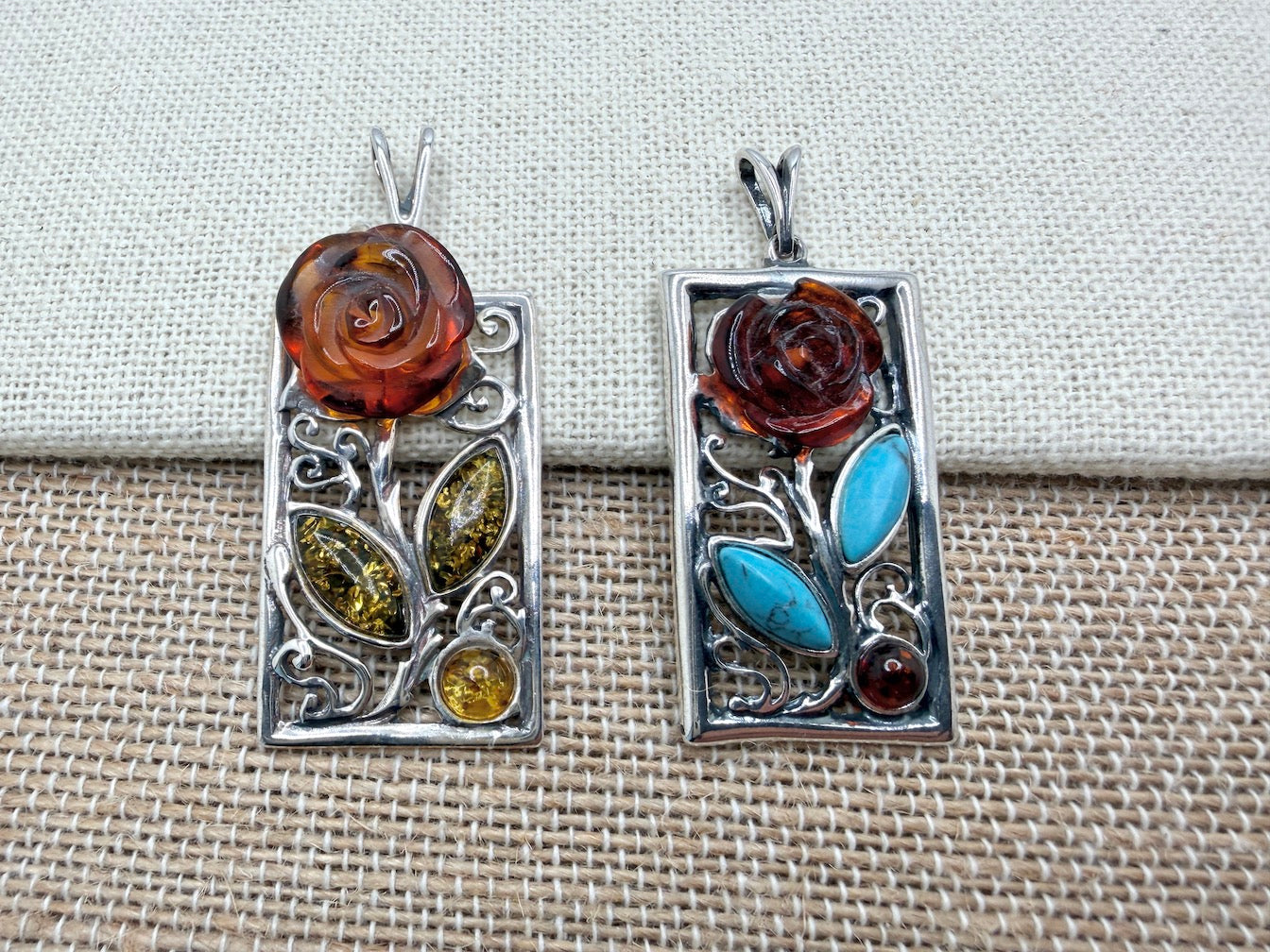 Sterling Silver & Genuine Baltic Amber Carved Rose Pendant Necklace