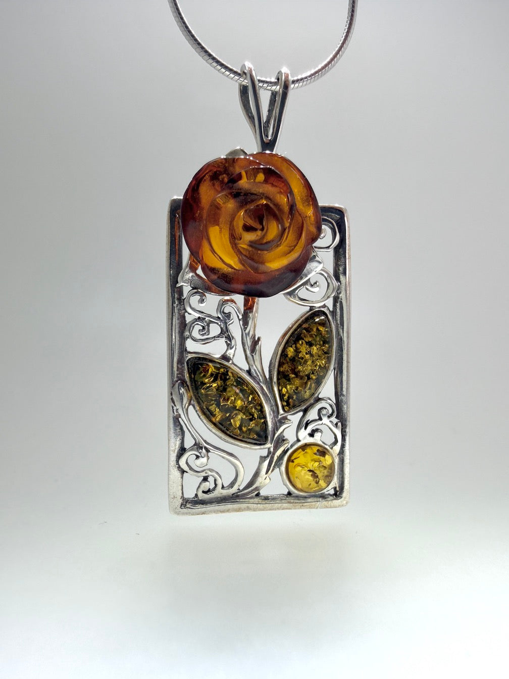 Sterling Silver & Genuine Baltic Amber Carved Rose Pendant Necklace