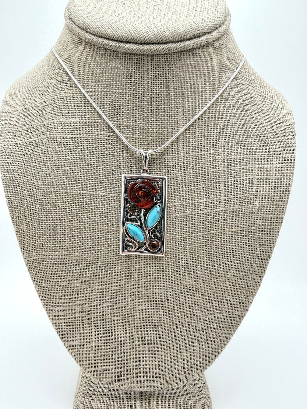 Sterling Silver & Genuine Baltic Amber Carved Rose Pendant Necklace