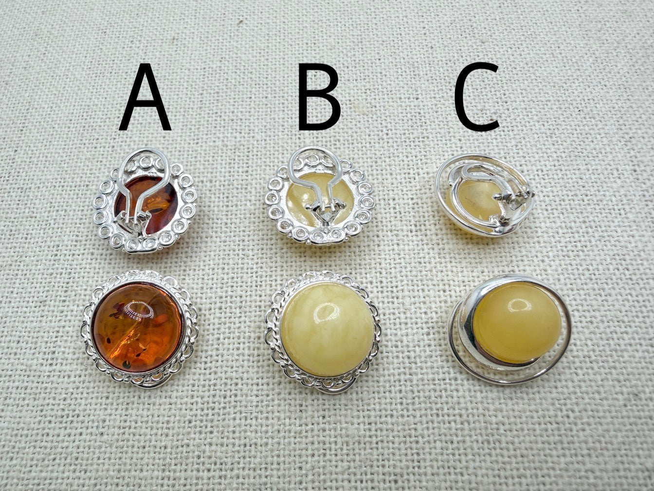 Sterling Silver & Genuine Baltic Amber Clip-On Earrings - Honey or Butterscotch
