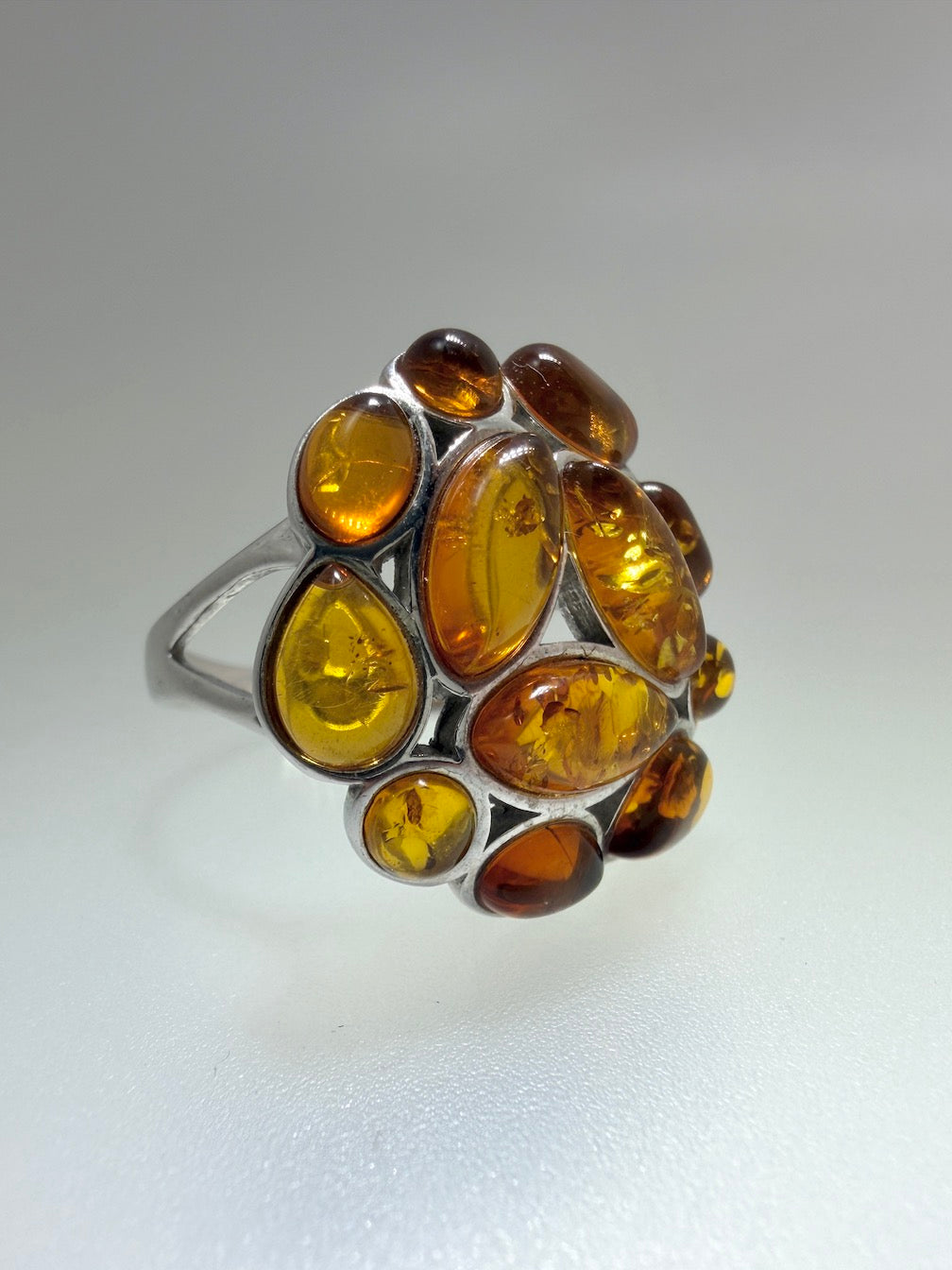 Sterling Silver & Genuine Baltic Amber Cluster Ring