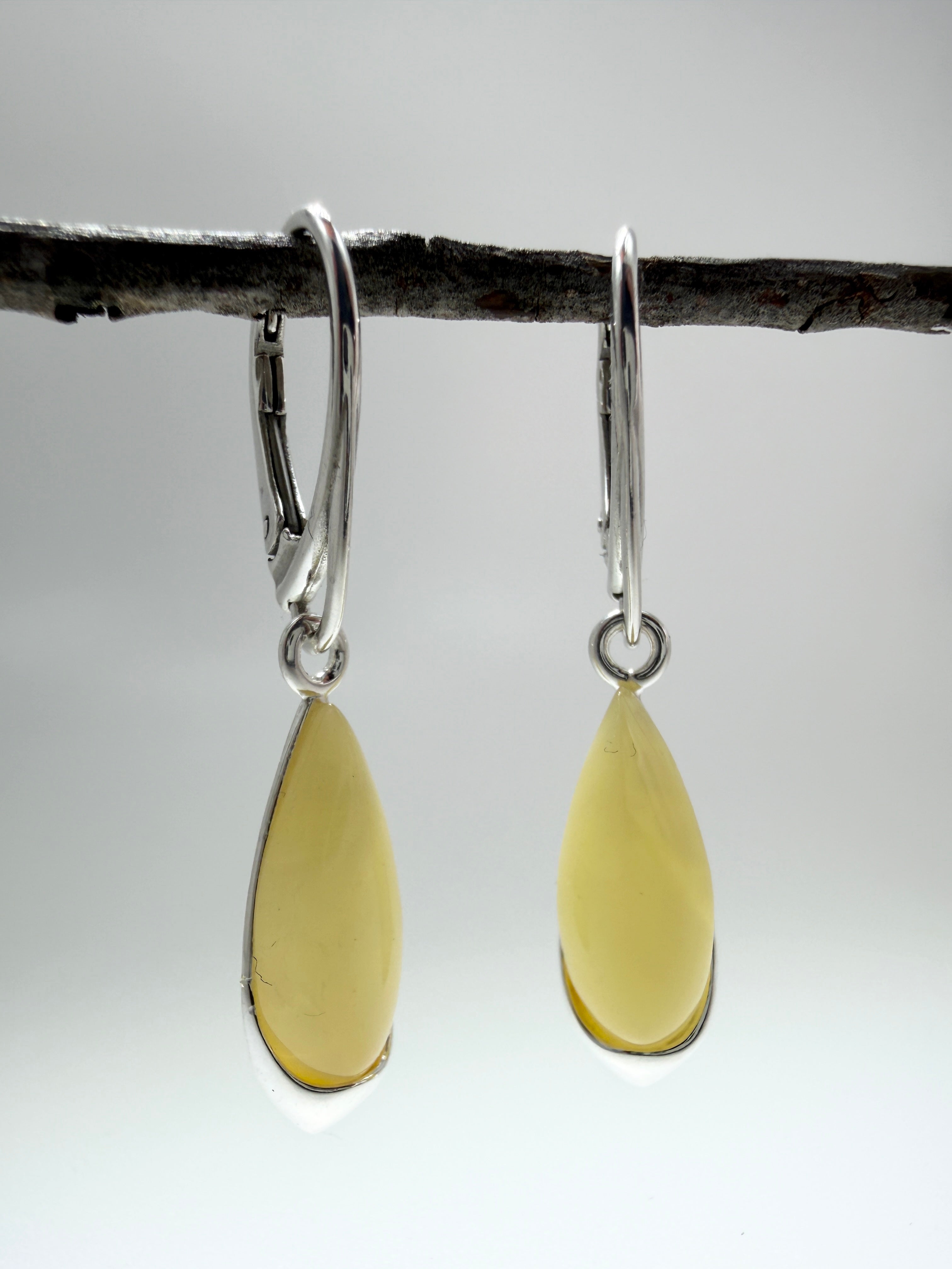 Sterling Silver & Genuine Baltic Amber Drop Lever Back Earrings – Handmade in Poland