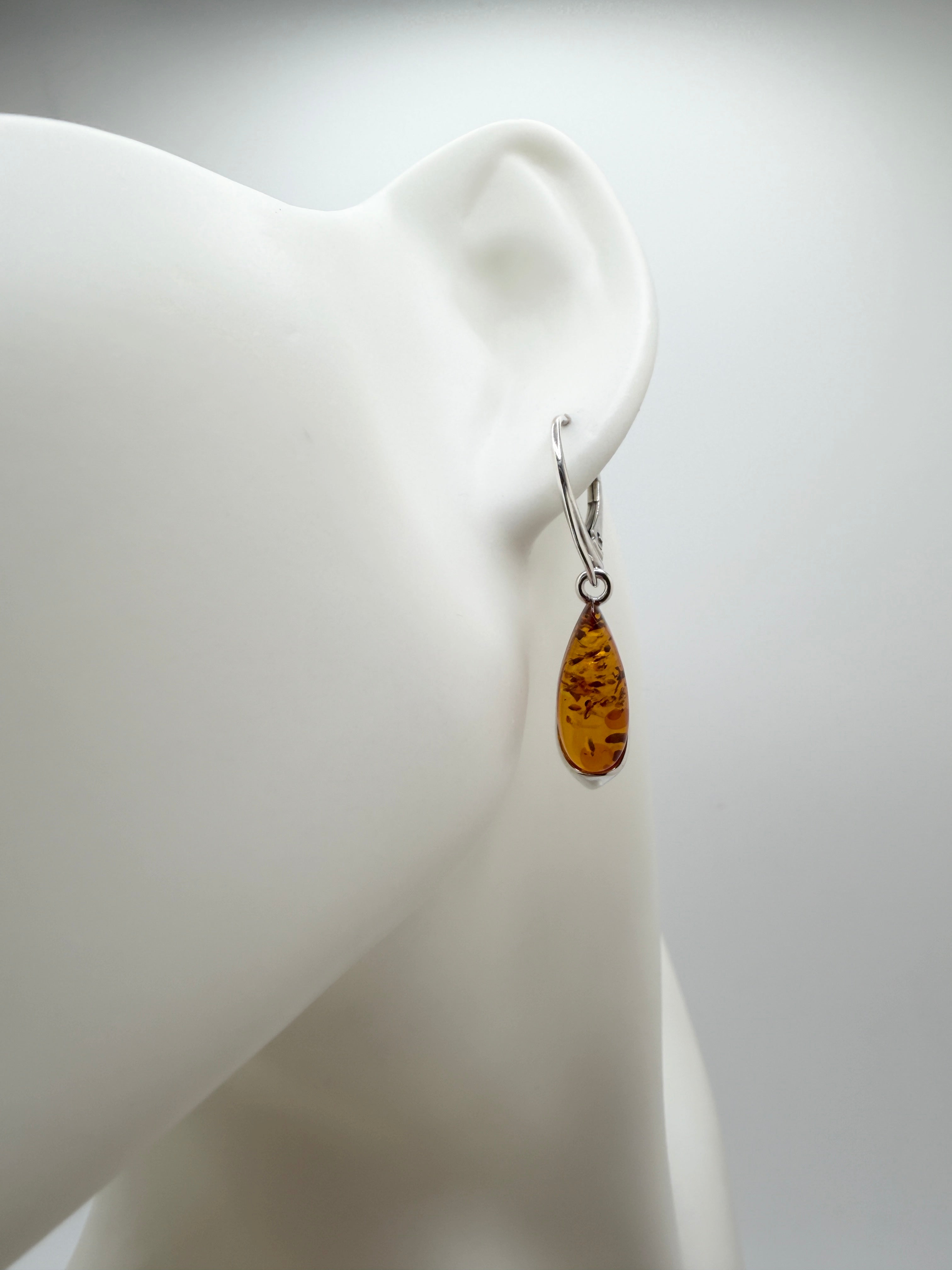 Sterling Silver & Genuine Baltic Amber Drop Lever Back Earrings – Handmade in Poland