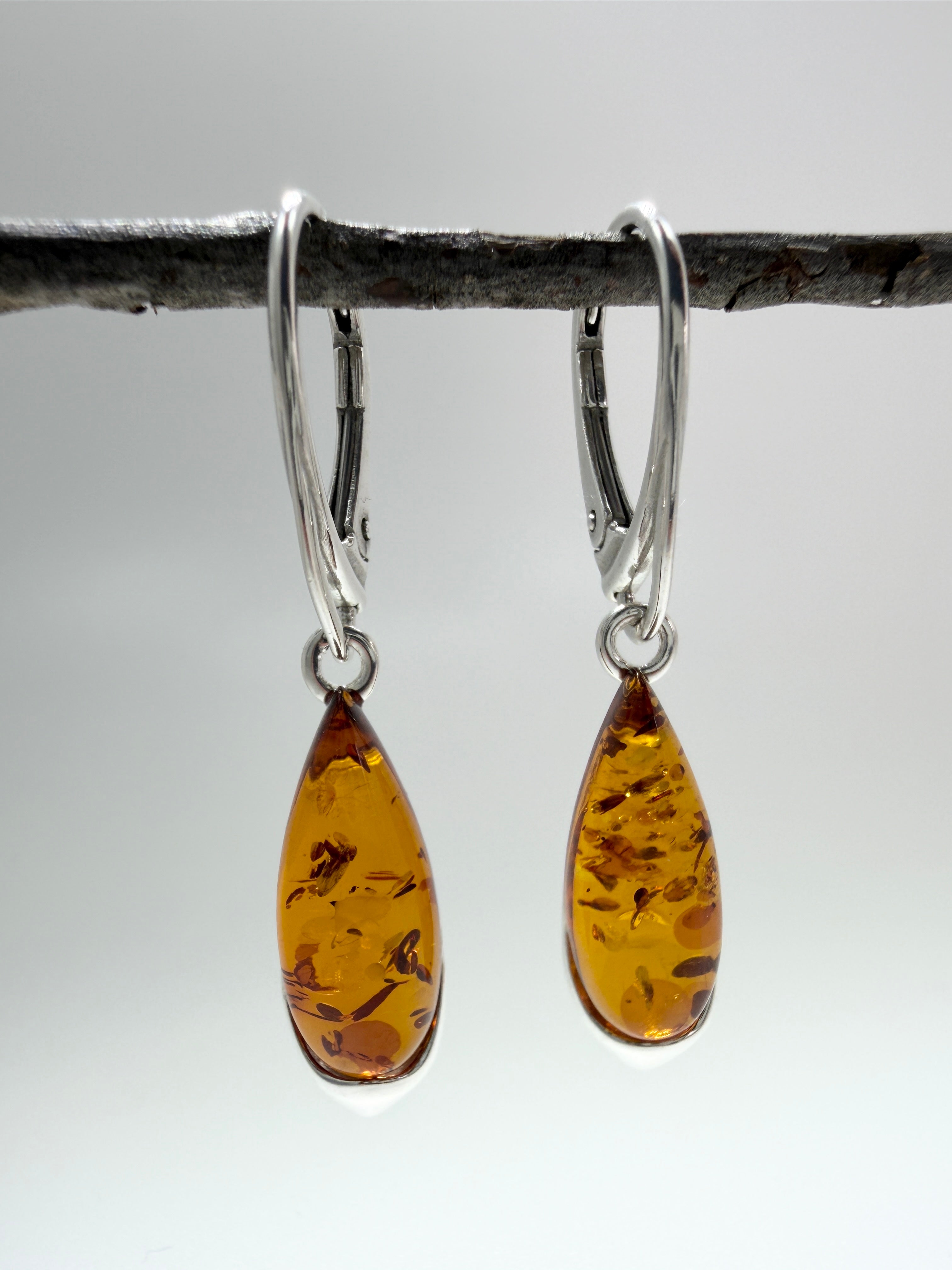 Sterling Silver & Genuine Baltic Amber Drop Lever Back Earrings – Handmade in Poland