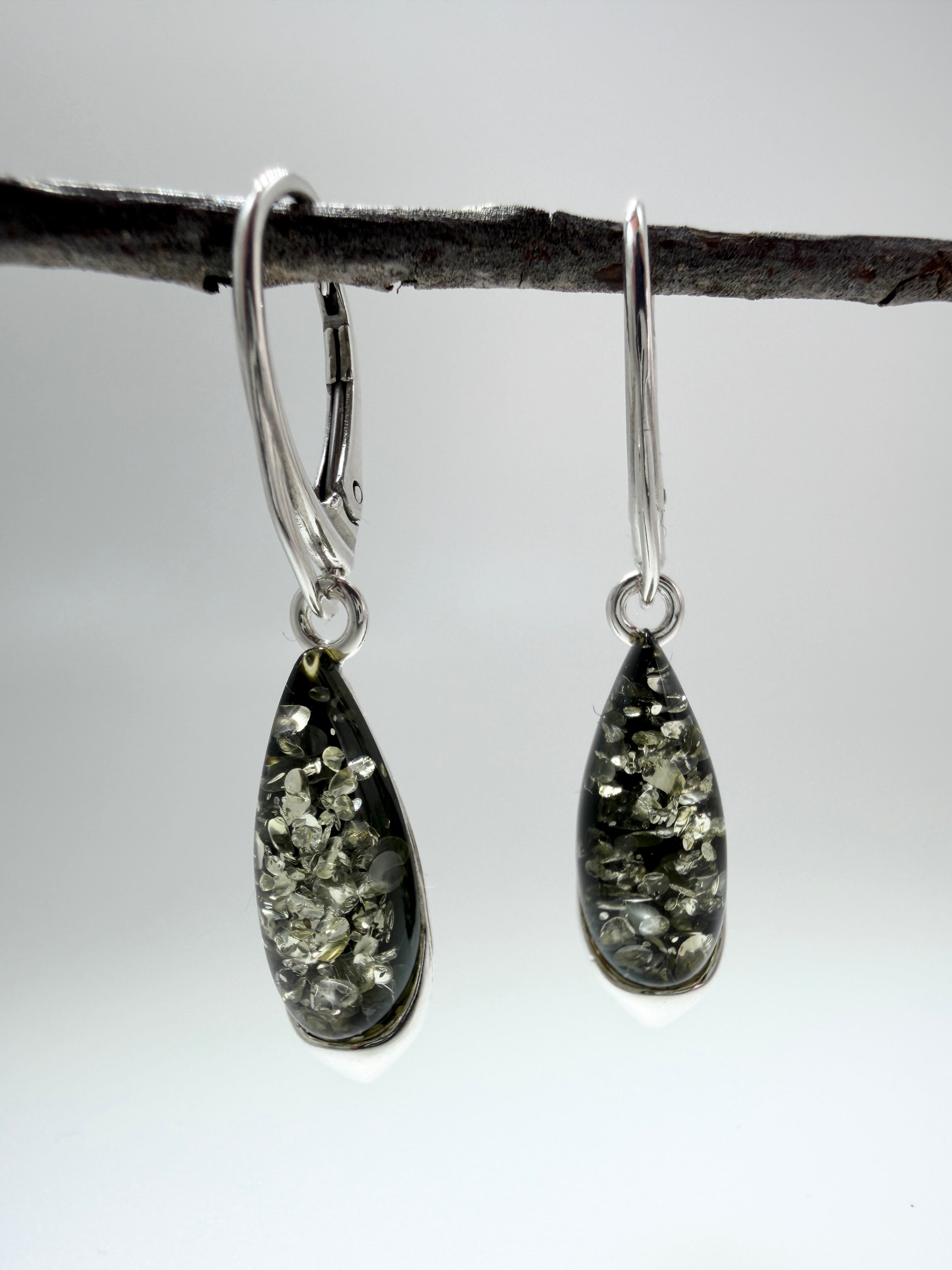 Handmade Sterling Silver & Genuine Baltic Amber Three-Stone Drop Necklace – Green & Cognac Baltic Amber