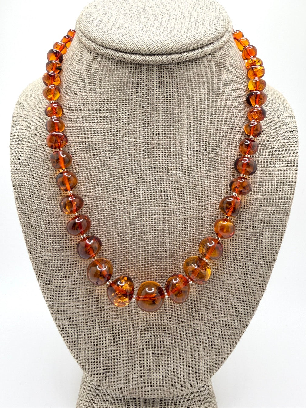 Sterling Silver & Genuine Baltic Amber Graduated Beaded Necklace – Cognac Amber