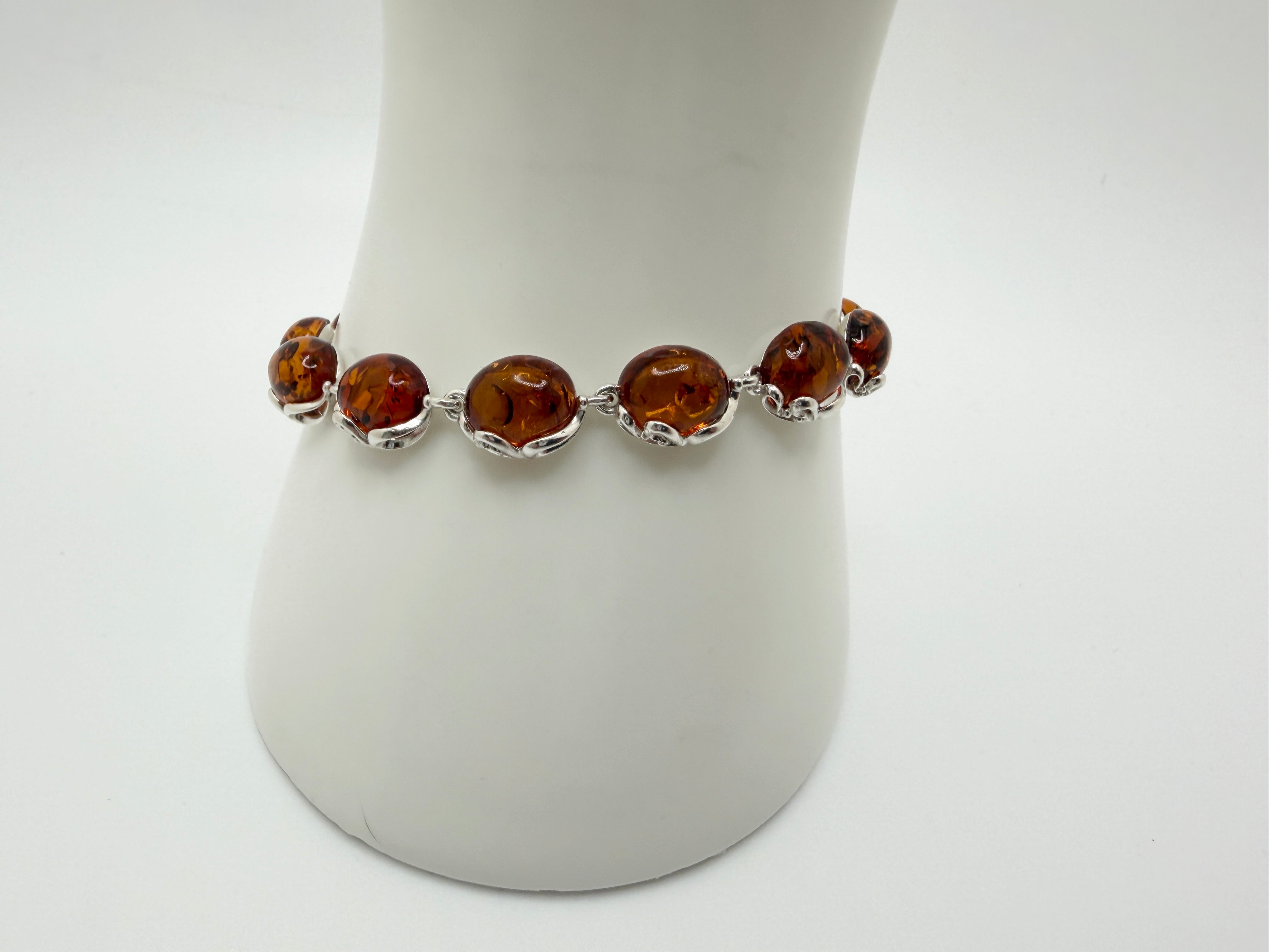 Sterling Silver & Genuine Baltic Amber Link Bracelet – Handmade in Poland