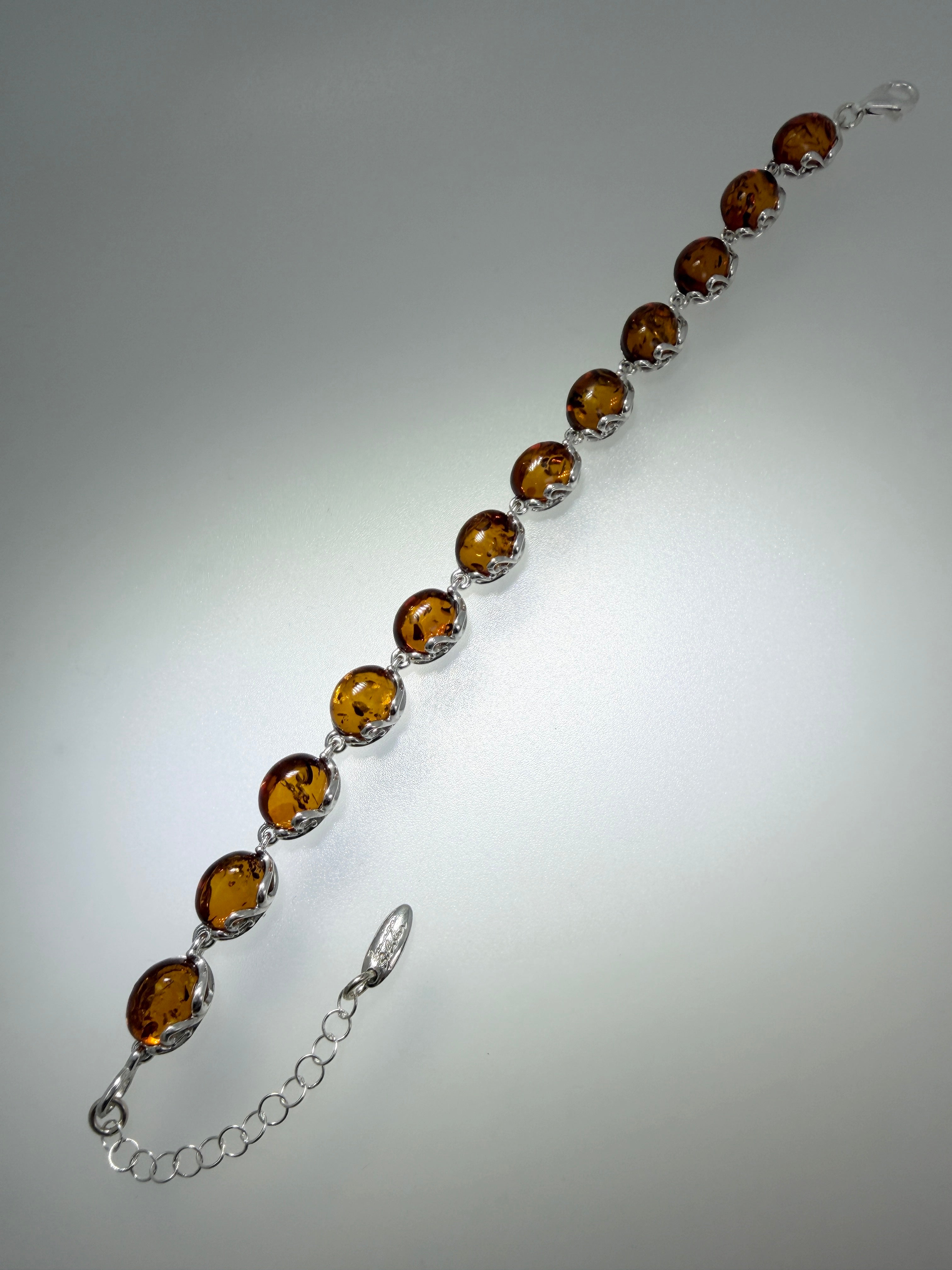 Sterling Silver & Genuine Baltic Amber Link Bracelet – Handmade in Poland