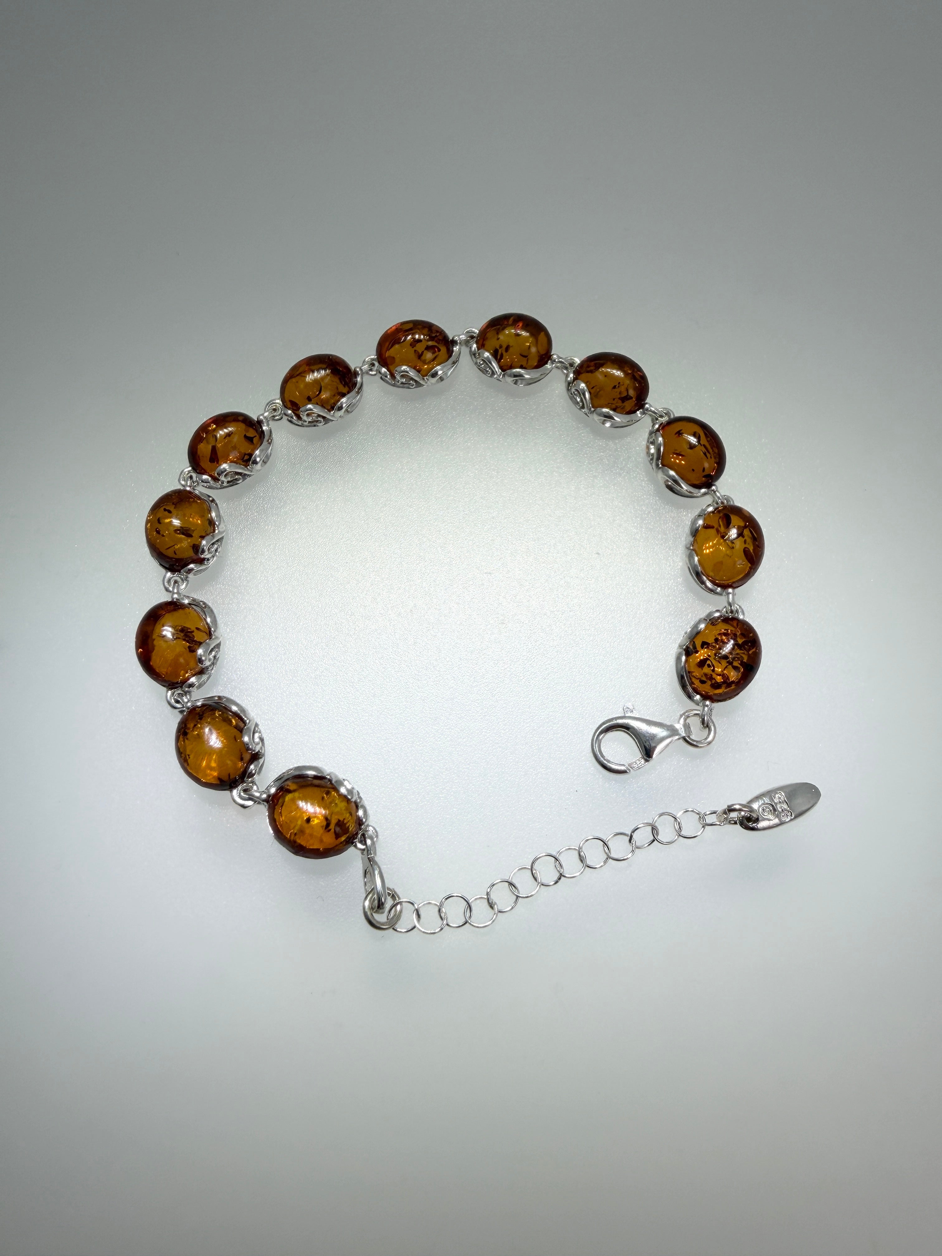 Sterling Silver & Genuine Baltic Amber Link Bracelet – Handmade in Poland