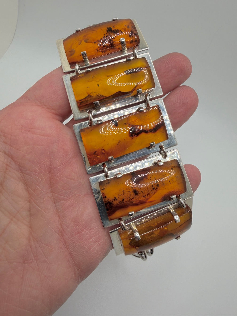 Sterling Silver & Genuine Baltic Amber Mariusz Gliwinski “Ambermoda” Designer Cuff Bracelet