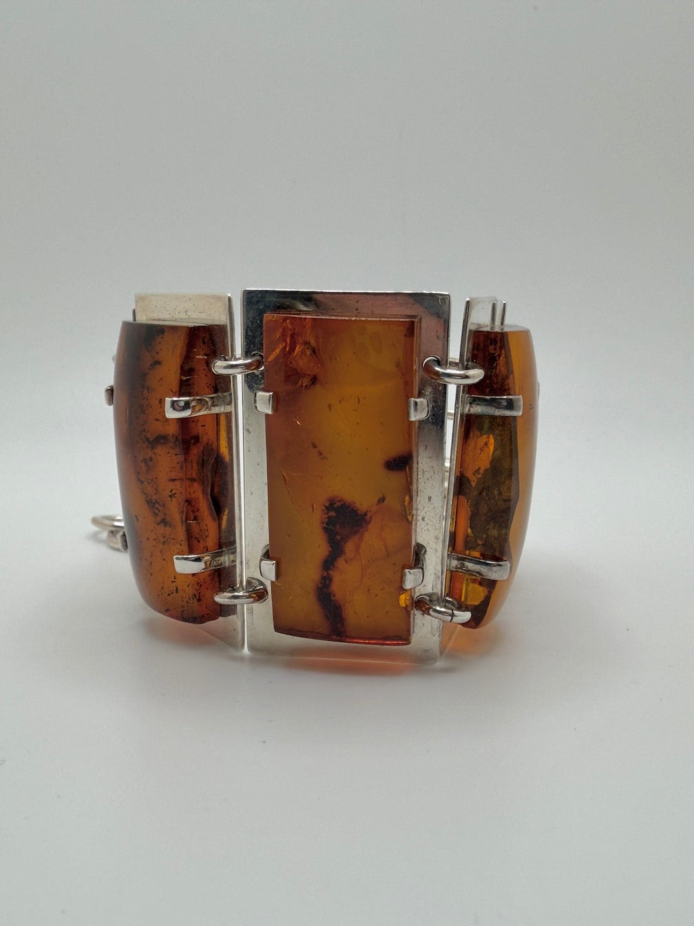 Sterling Silver & Genuine Baltic Amber Mariusz Gliwinski “Ambermoda” Designer Cuff Bracelet